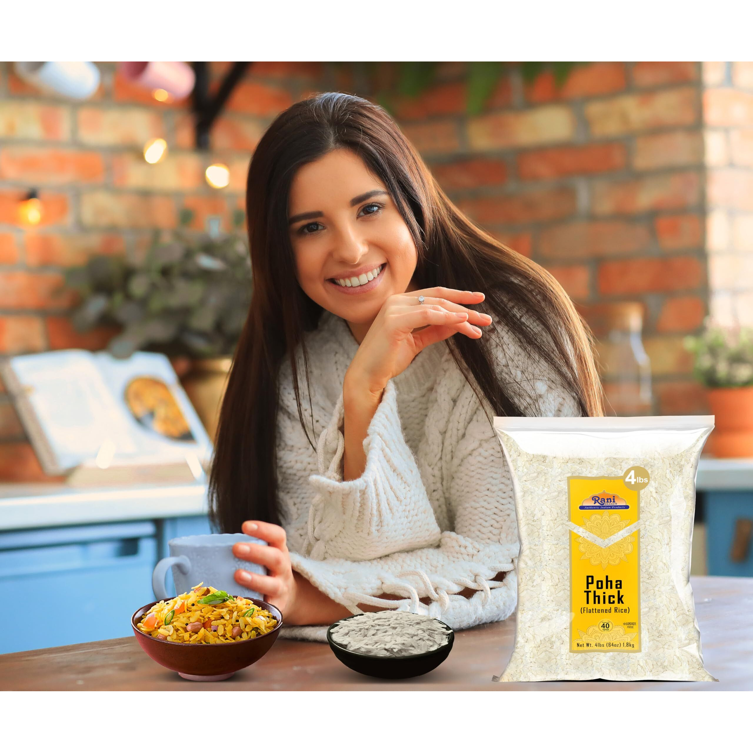 Rani Poha (Powa) Thick Medium-Cut (Flattened Rice) 64oz (4lbs) 1.81kg ~ All Natural, Salt-Free, Vegan, Kosher, No Colors, Gluten Friendly, Indian Origin