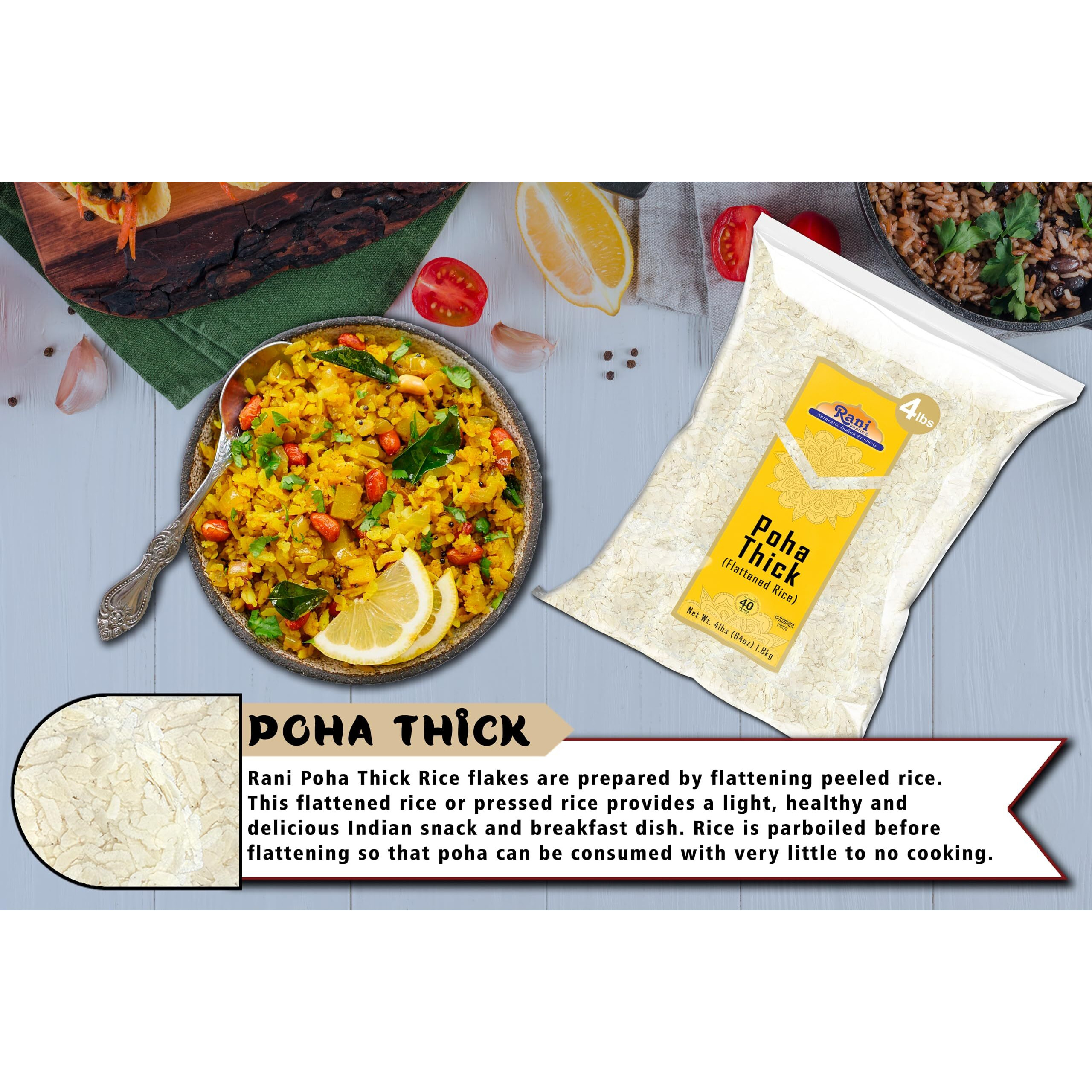 Rani Poha (Powa) Thick Medium-Cut (Flattened Rice) 64oz (4lbs) 1.81kg ~ All Natural, Salt-Free, Vegan, Kosher, No Colors, Gluten Friendly, Indian Origin