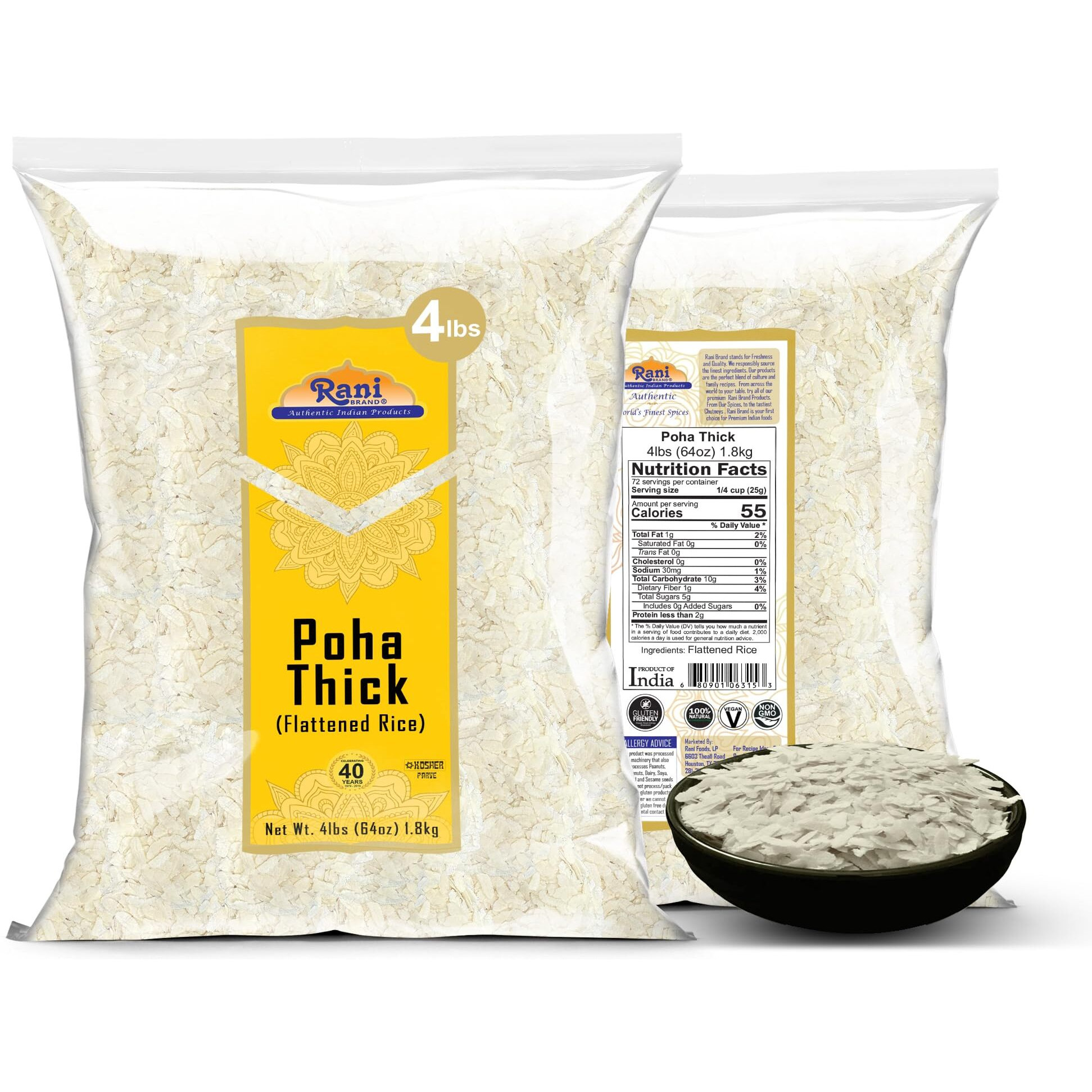 Rani Poha (Powa) Thick Medium-Cut (Flattened Rice) 64oz (4lbs) 1.81kg ~ All Natural, Salt-Free, Vegan, Kosher, No Colors, Gluten Friendly, Indian Origin