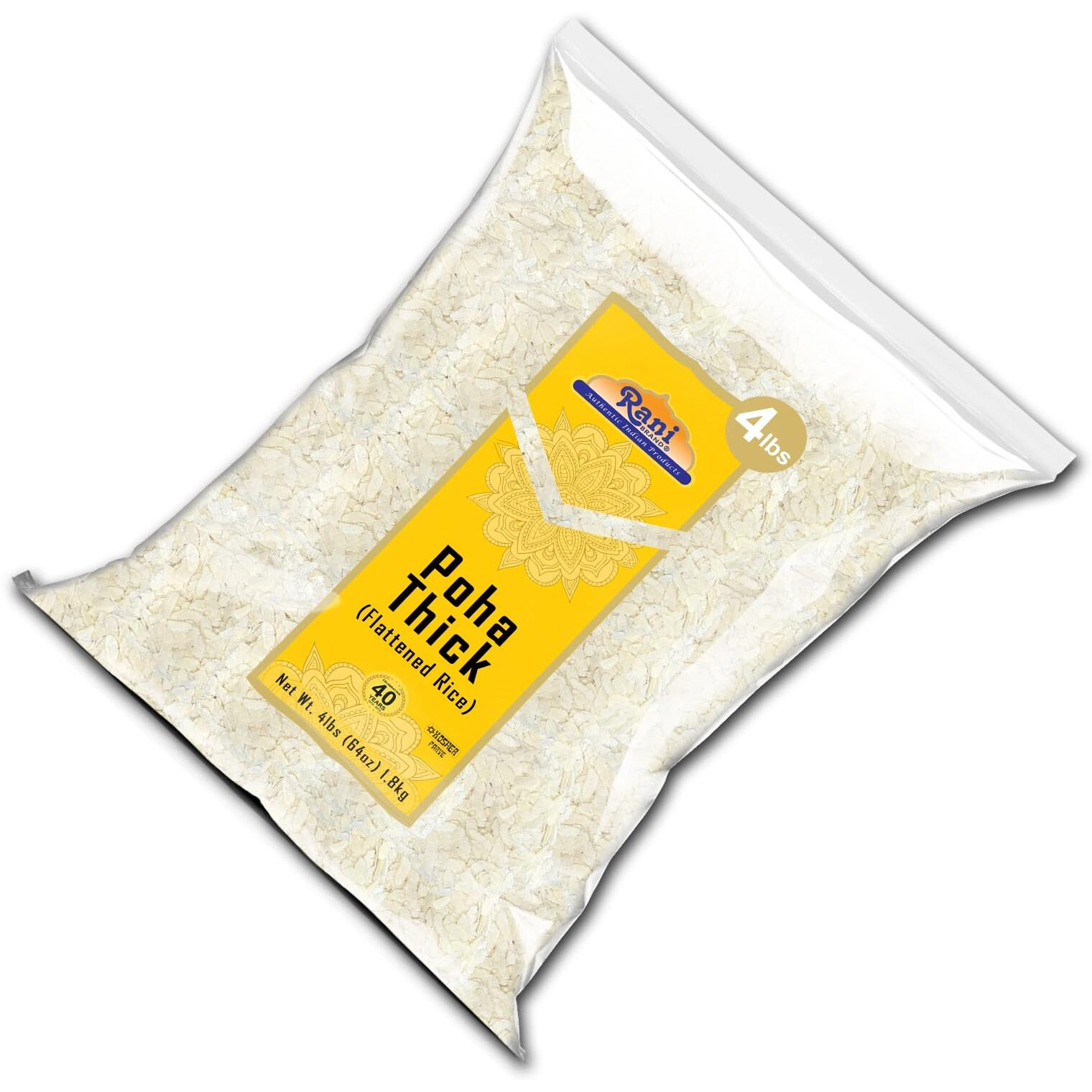 Rani Poha (Powa) Thick Medium-Cut (Flattened Rice) 64oz (4lbs) 1.81kg ~ All Natural, Salt-Free, Vegan, Kosher, No Colors, Gluten Friendly, Indian Origin