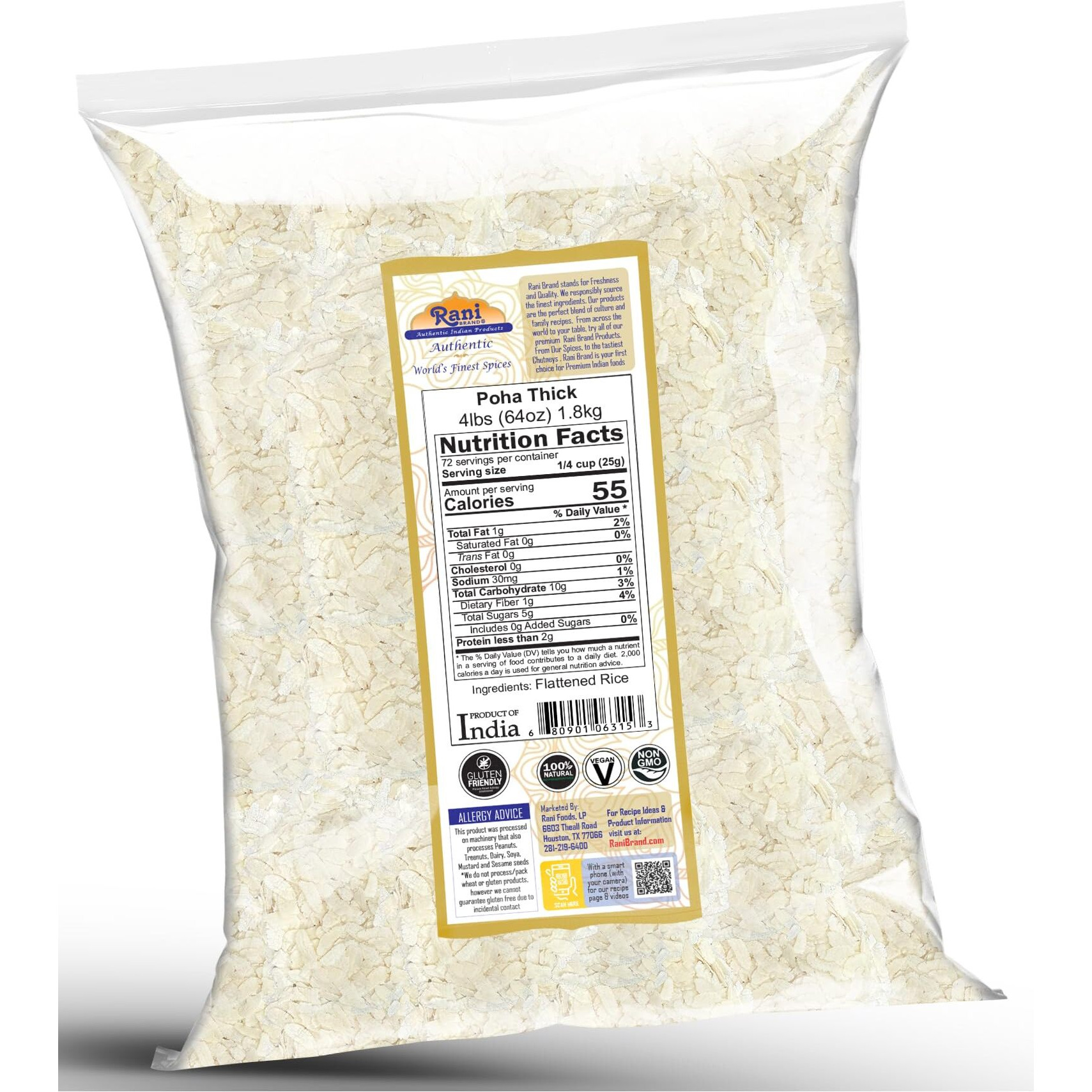 Rani Poha (Powa) Thick Medium-Cut (Flattened Rice) 64oz (4lbs) 1.81kg ~ All Natural, Salt-Free, Vegan, Kosher, No Colors, Gluten Friendly, Indian Origin