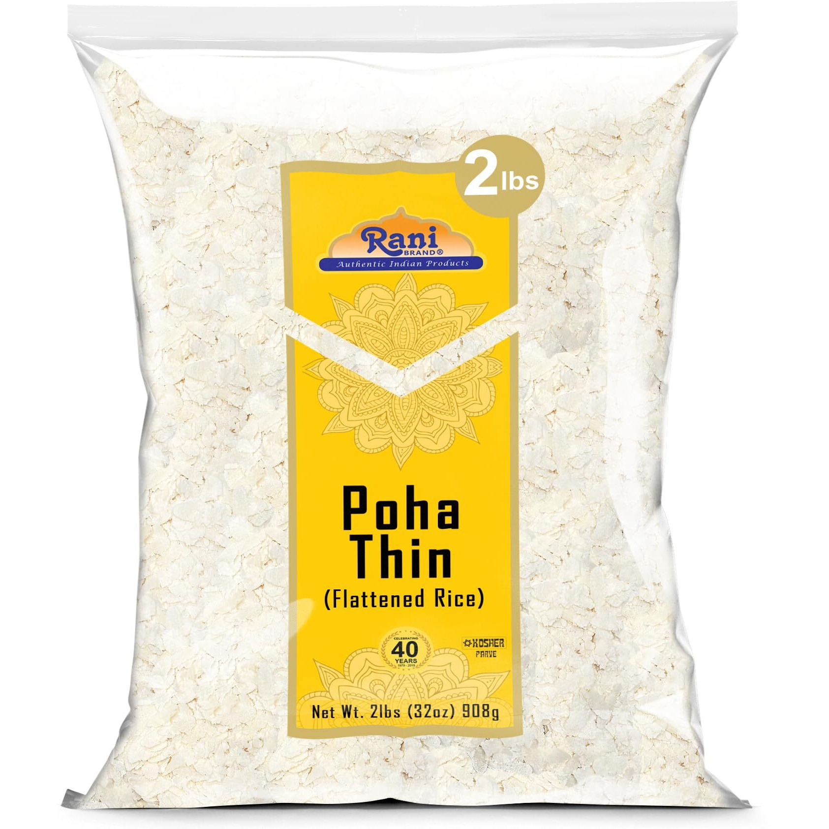 Rani Poha (Powa) Thin Cut (Flattened Rice) 32oz (2lbs) 908g ~ All Natural, Salt-Free, Vegan, Kosher, No Colors, Gluten Friendly, Indian Origin