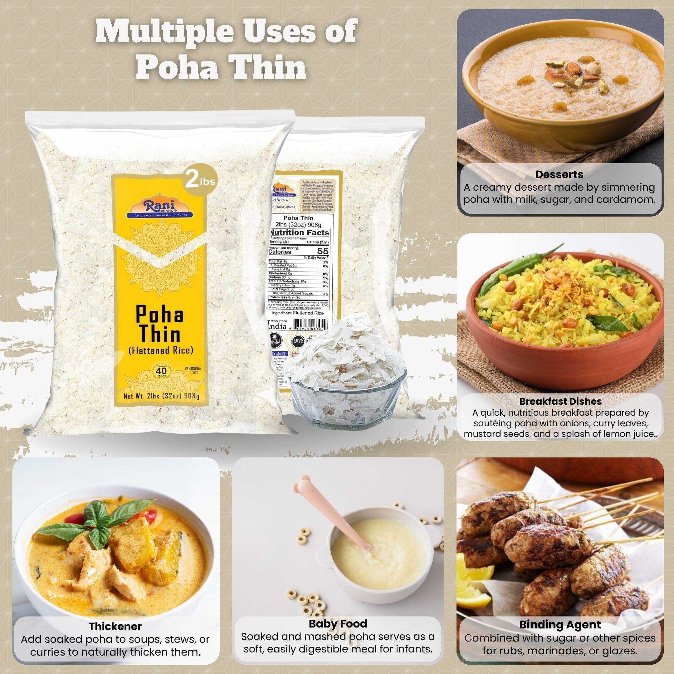 Rani Poha (Powa) Thin Cut (Flattened Rice) 32oz (2lbs) 908g ~ All Natural, Salt-Free, Vegan, Kosher, No Colors, Gluten Friendly, Indian Origin
