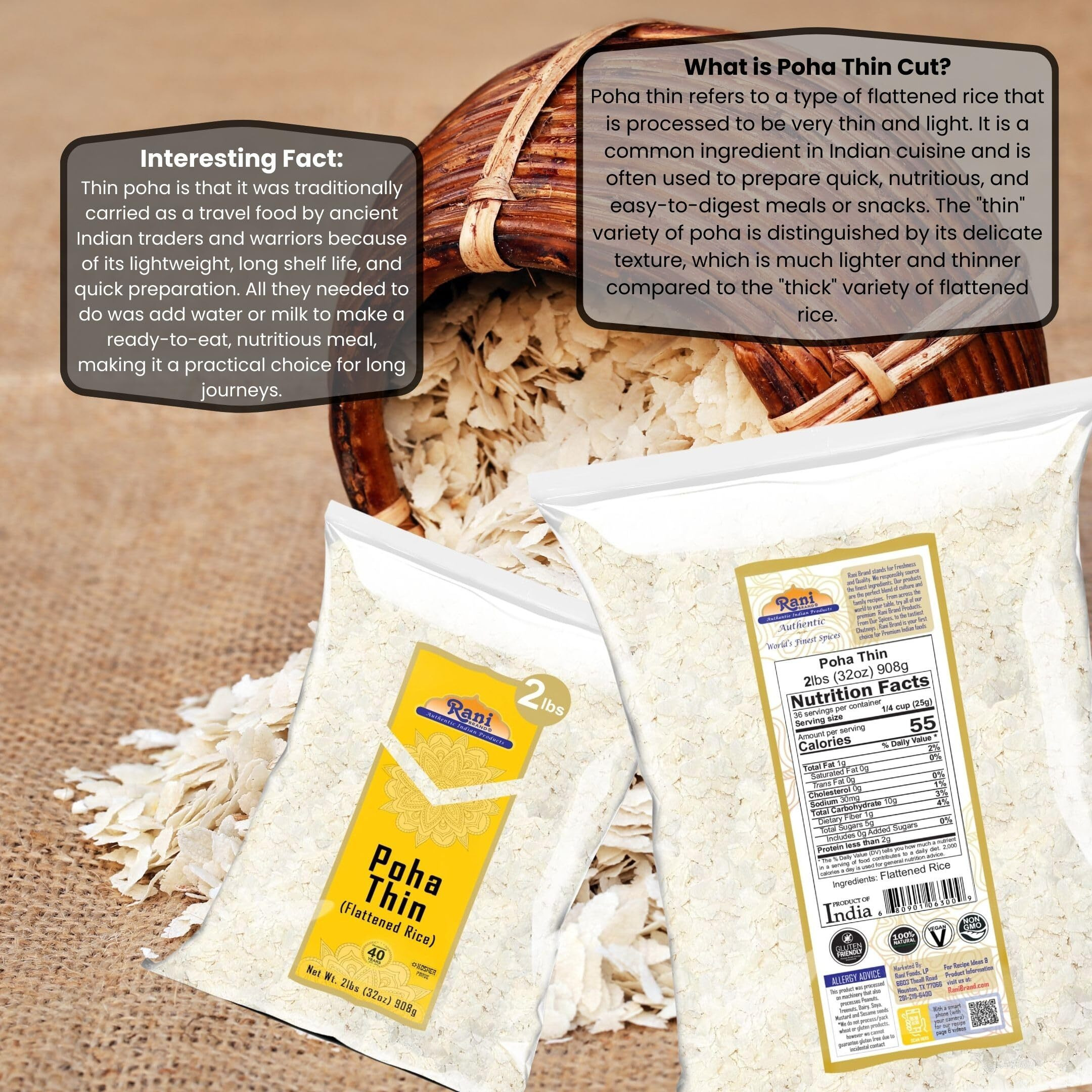 Rani Poha (Powa) Thin Cut (Flattened Rice) 32oz (2lbs) 908g ~ All Natural, Salt-Free, Vegan, Kosher, No Colors, Gluten Friendly, Indian Origin