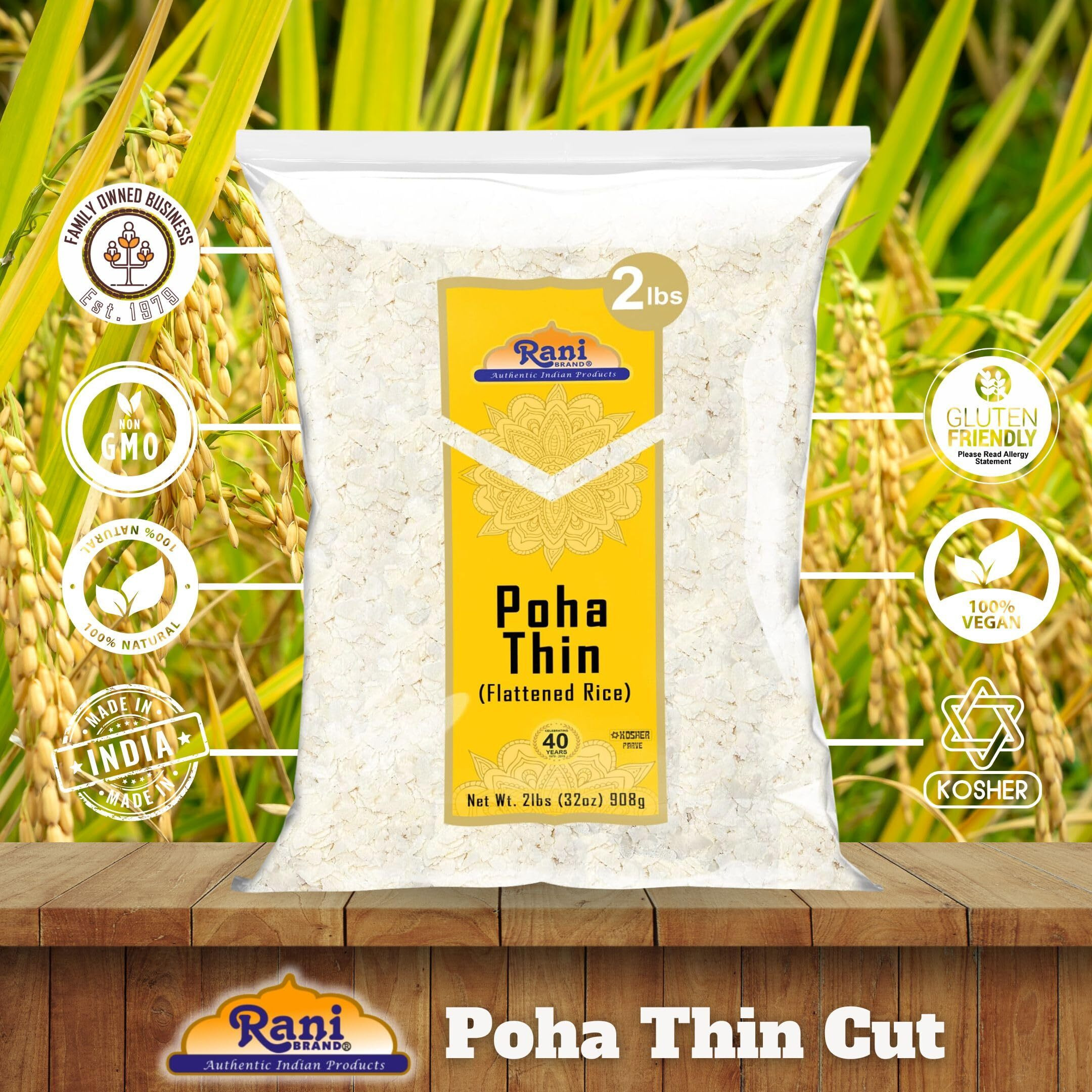 Rani Poha (Powa) Thin Cut (Flattened Rice) 32oz (2lbs) 908g ~ All Natural, Salt-Free, Vegan, Kosher, No Colors, Gluten Friendly, Indian Origin