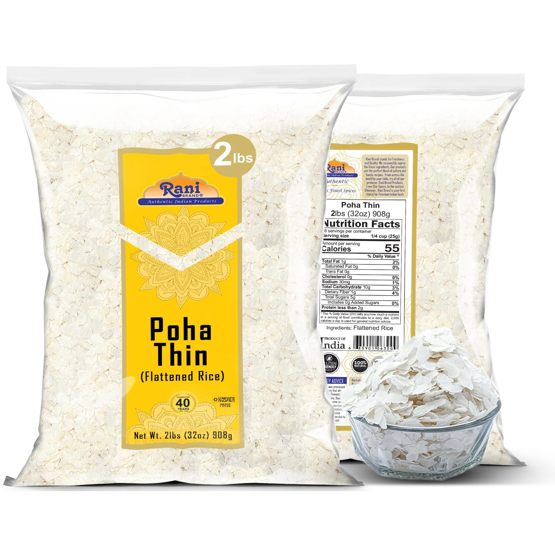 Rani Poha (Powa) Thin Cut (Flattened Rice) 32oz (2lbs) 908g ~ All Natural, Salt-Free, Vegan, Kosher, No Colors, Gluten Friendly, Indian Origin
