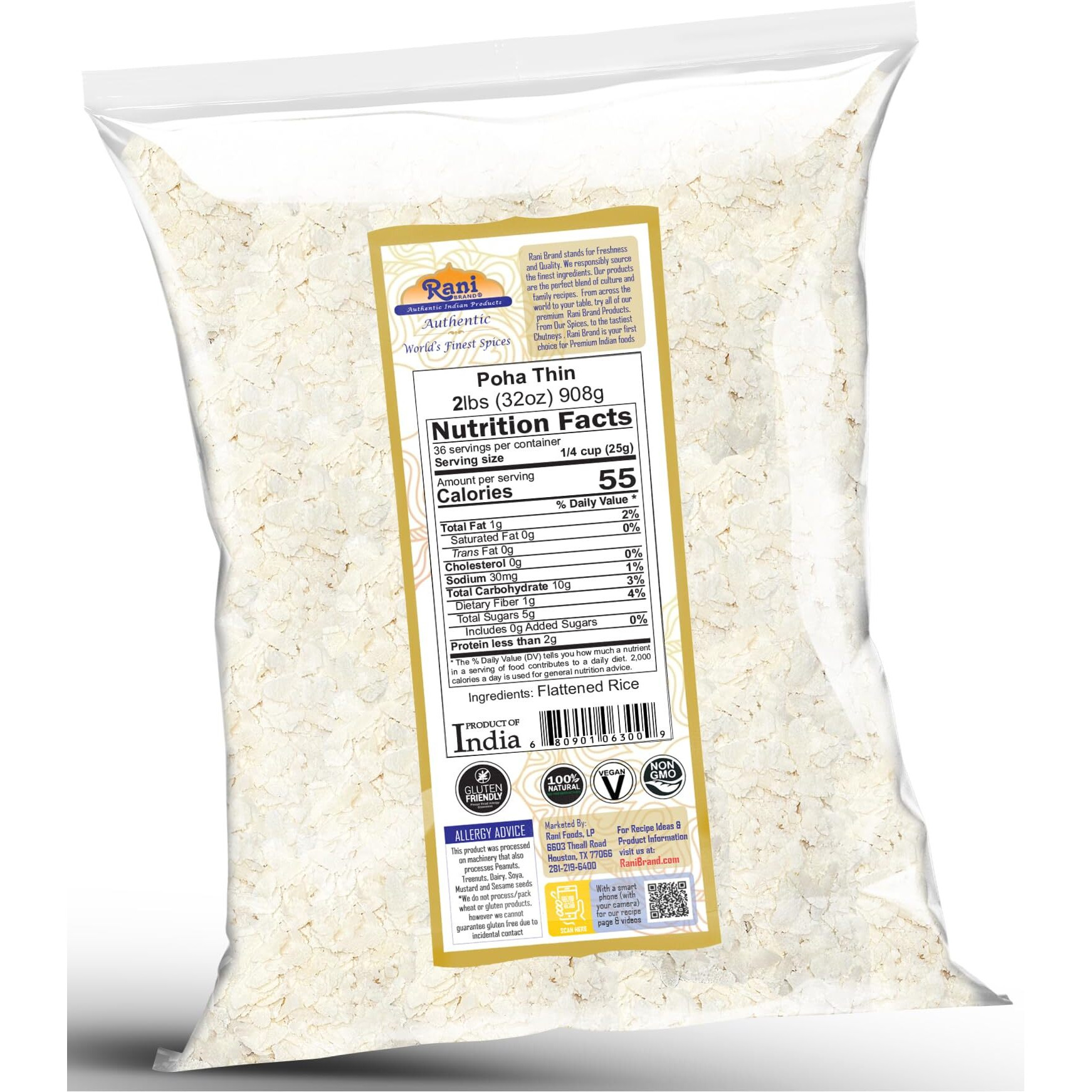 Rani Poha (Powa) Thin Cut (Flattened Rice) 32oz (2lbs) 908g ~ All Natural, Salt-Free, Vegan, Kosher, No Colors, Gluten Friendly, Indian Origin