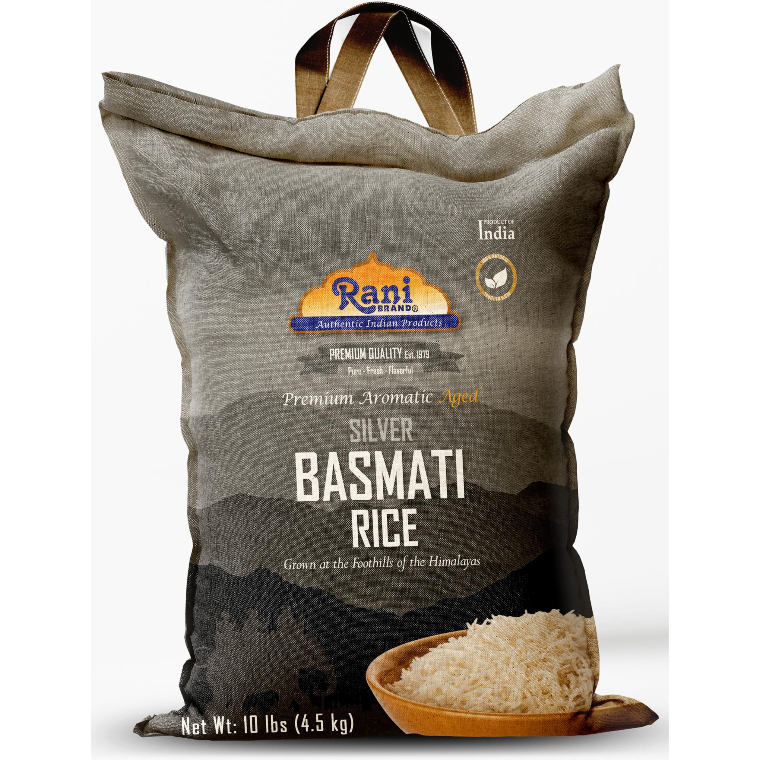 Rani Silver White Basmati Rice Extra Long Aged 10-Pound Bag, 160oz (10lbs) 4.53kg ~ All Natural, Gluten Friendly, Vegan, Indian Origin, Kosher, Export Quality (Size 160oz (10lbs) 4.53kg)