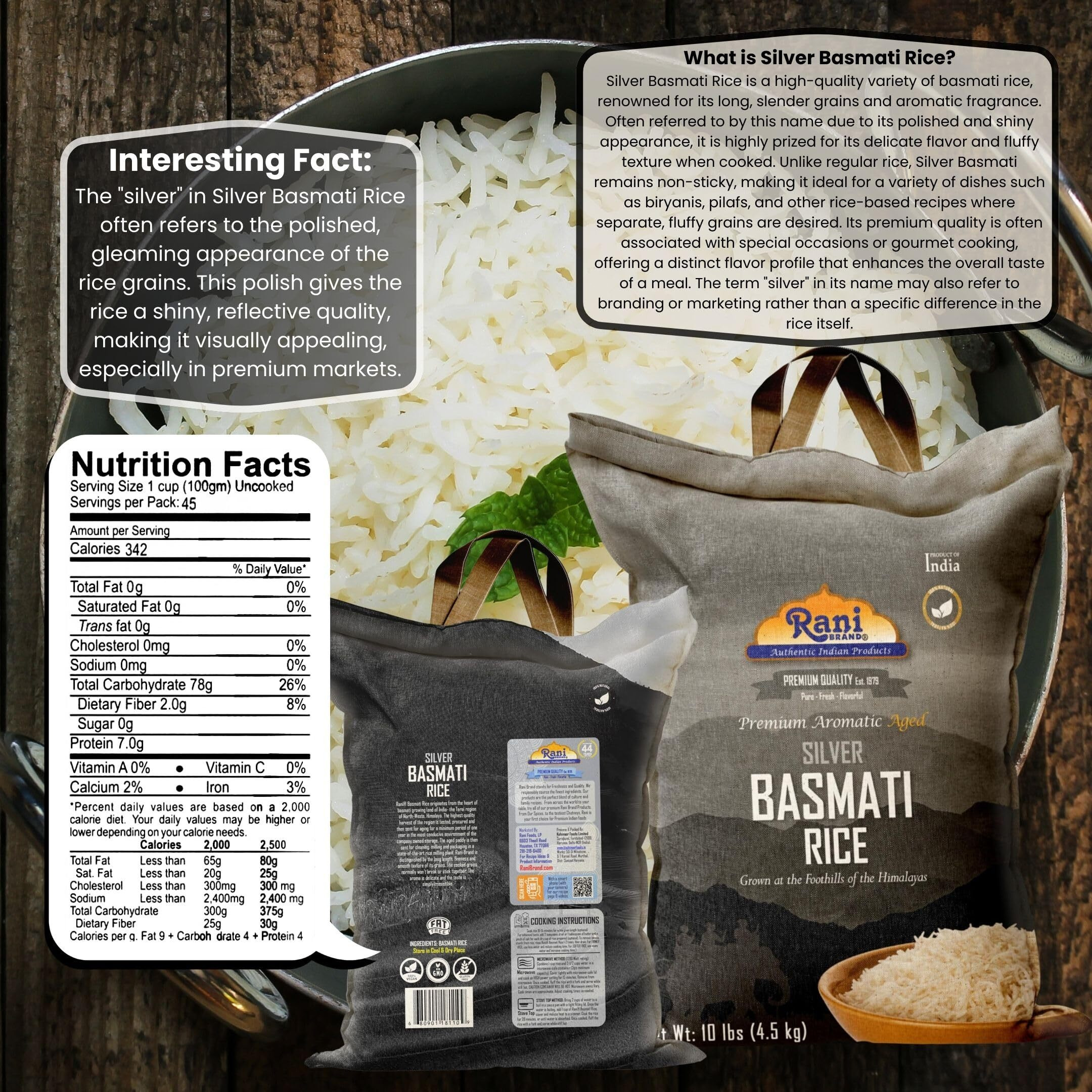 Rani Silver White Basmati Rice Extra Long Aged 10-Pound Bag, 160oz (10lbs) 4.53kg ~ All Natural, Gluten Friendly, Vegan, Indian Origin, Kosher, Export Quality (Size 160oz (10lbs) 4.53kg)