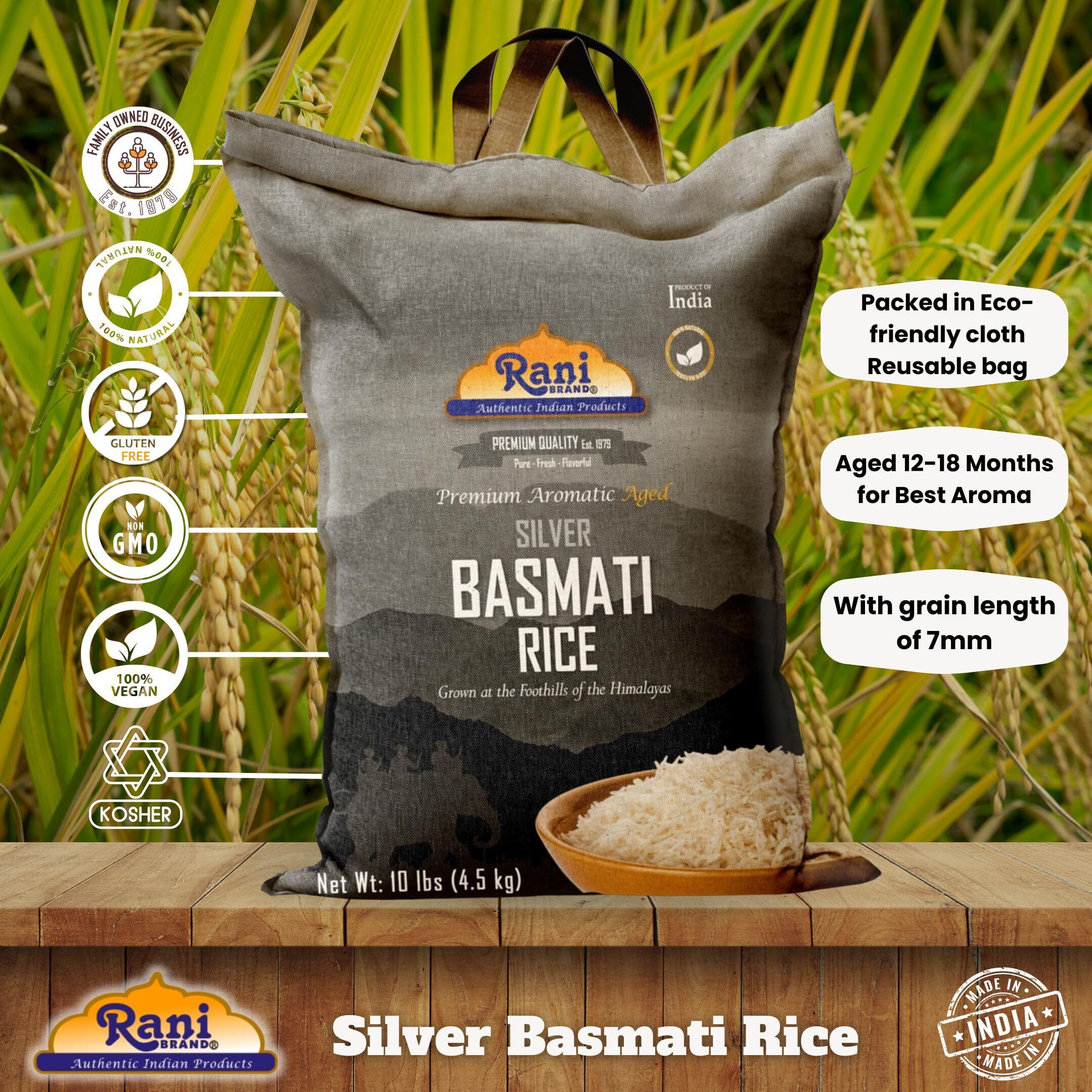 Rani Silver White Basmati Rice Extra Long Aged 10-Pound Bag, 160oz (10lbs) 4.53kg ~ All Natural, Gluten Friendly, Vegan, Indian Origin, Kosher, Export Quality (Size 160oz (10lbs) 4.53kg)