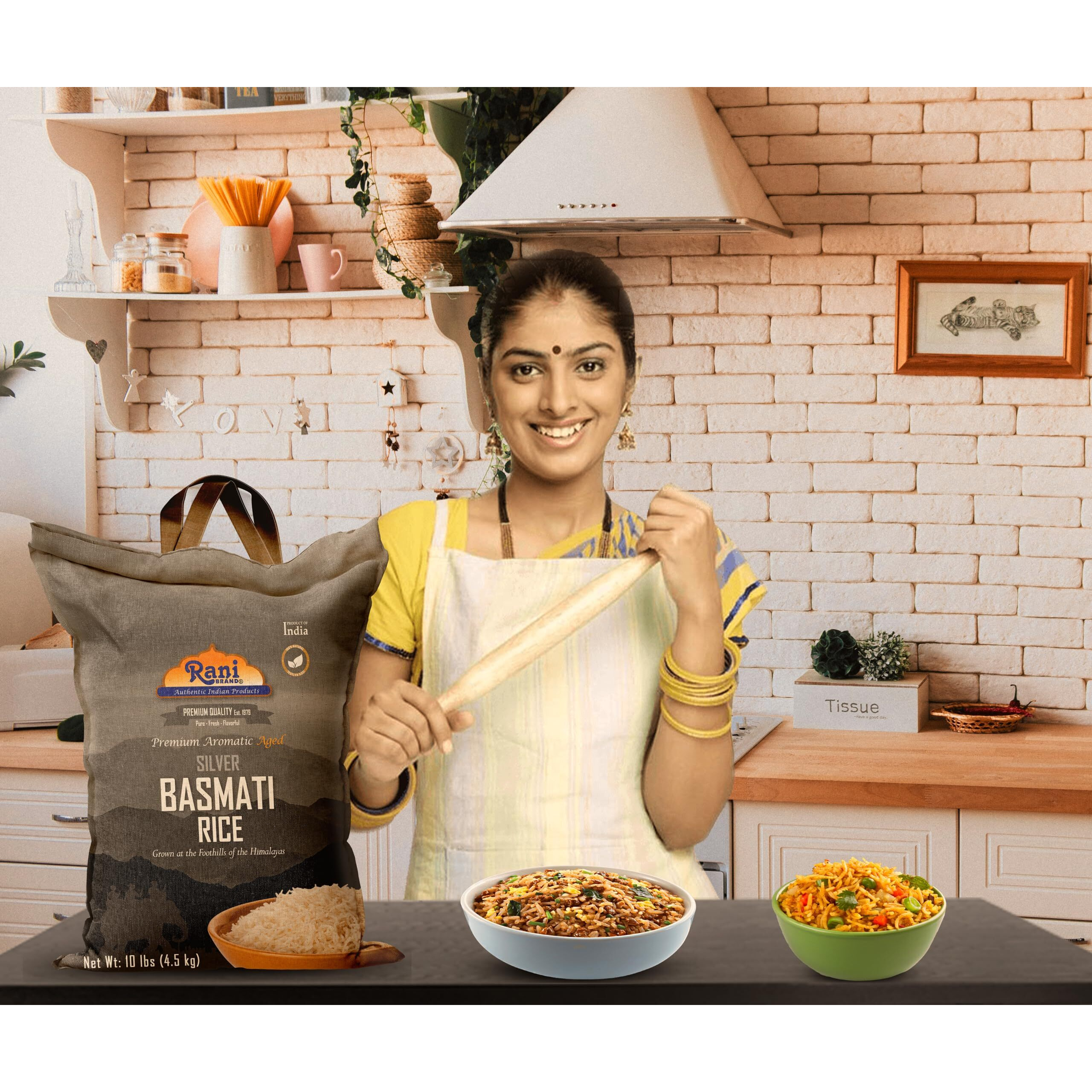 Rani Silver White Basmati Rice Extra Long Aged 10-Pound Bag, 160oz (10lbs) 4.53kg ~ All Natural, Gluten Friendly, Vegan, Indian Origin, Kosher, Export Quality (Size 160oz (10lbs) 4.53kg)