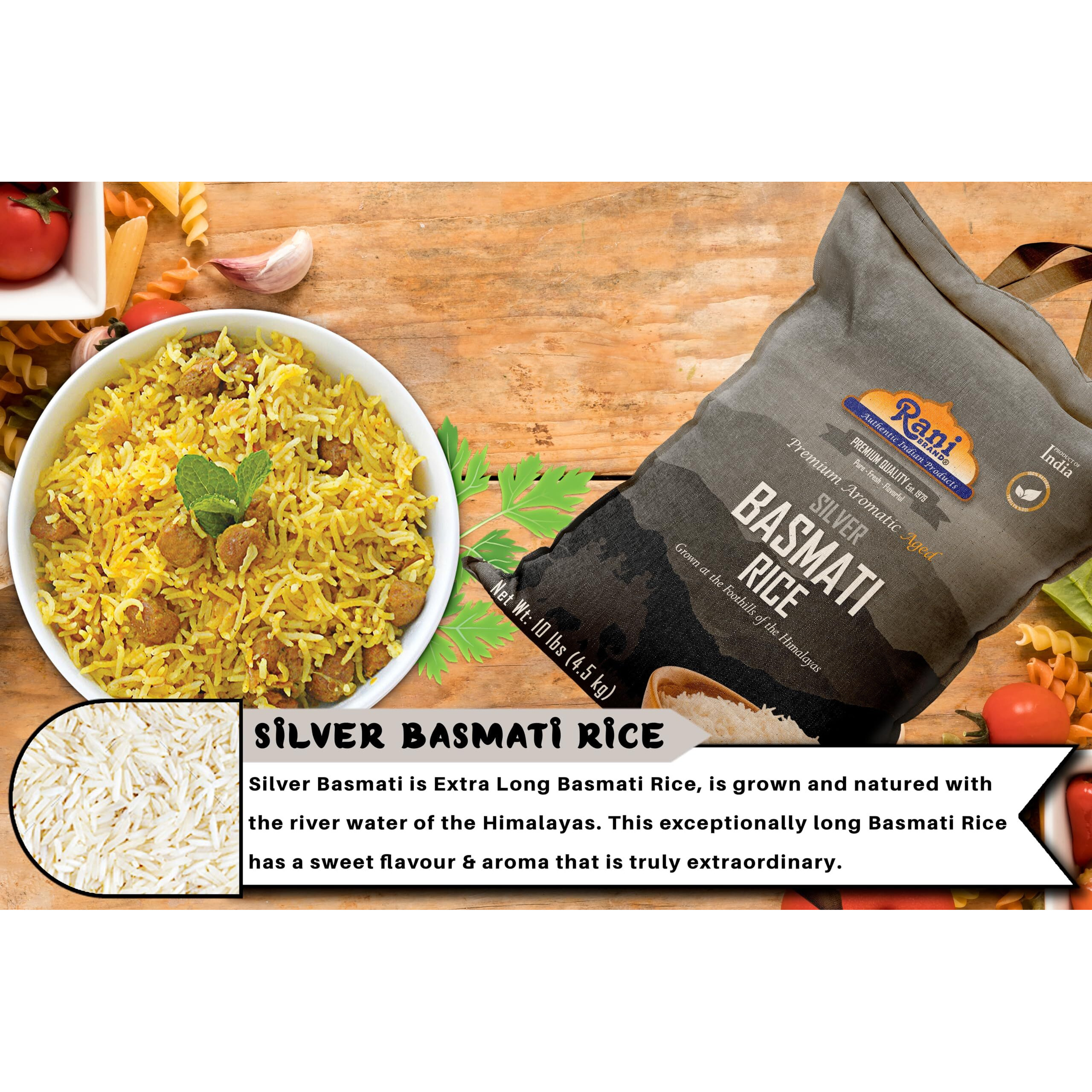 Rani Silver White Basmati Rice Extra Long Aged 10-Pound Bag, 160oz (10lbs) 4.53kg ~ All Natural, Gluten Friendly, Vegan, Indian Origin, Kosher, Export Quality (Size 160oz (10lbs) 4.53kg)