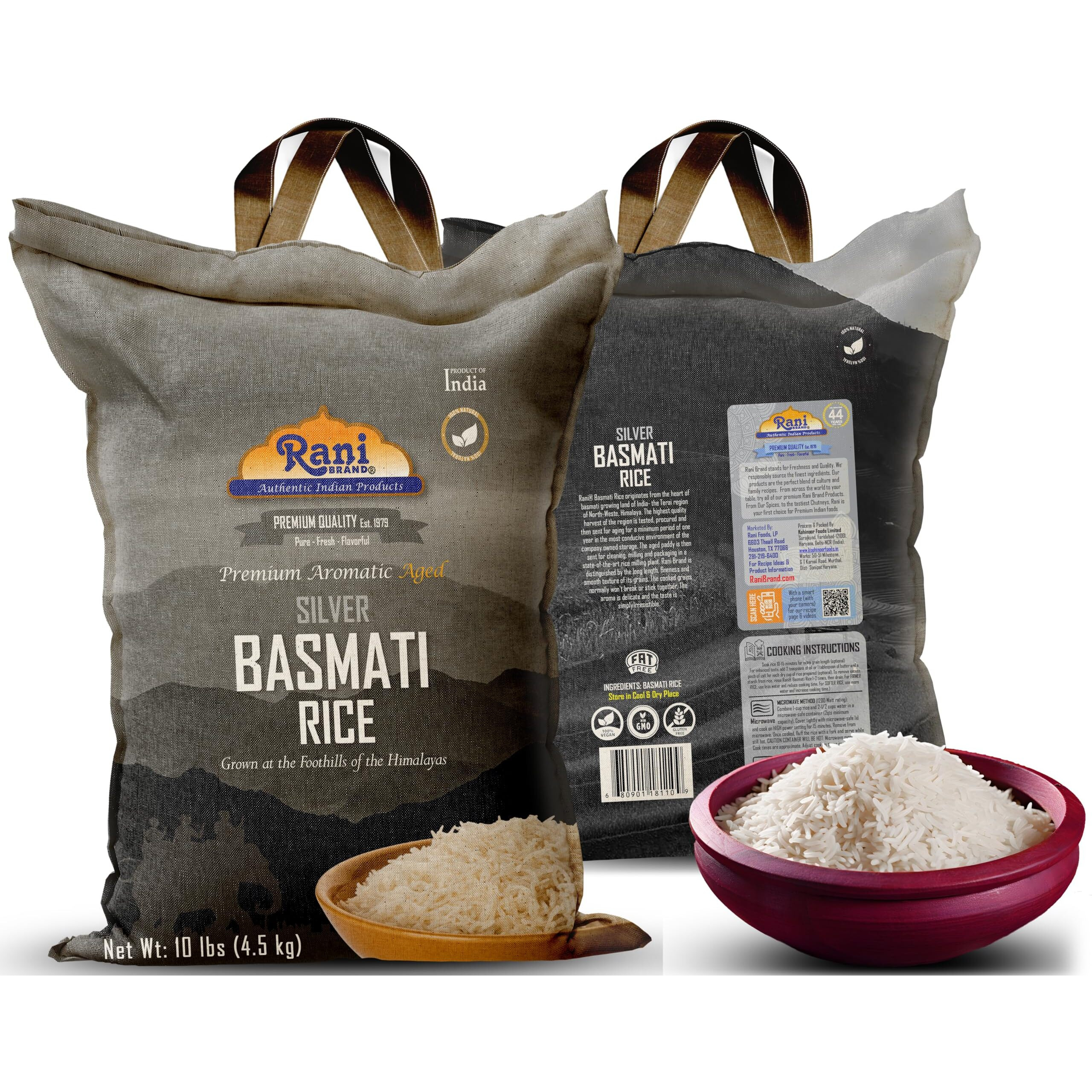 Rani Silver White Basmati Rice Extra Long Aged 10-Pound Bag, 160oz (10lbs) 4.53kg ~ All Natural, Gluten Friendly, Vegan, Indian Origin, Kosher, Export Quality (Size 160oz (10lbs) 4.53kg)