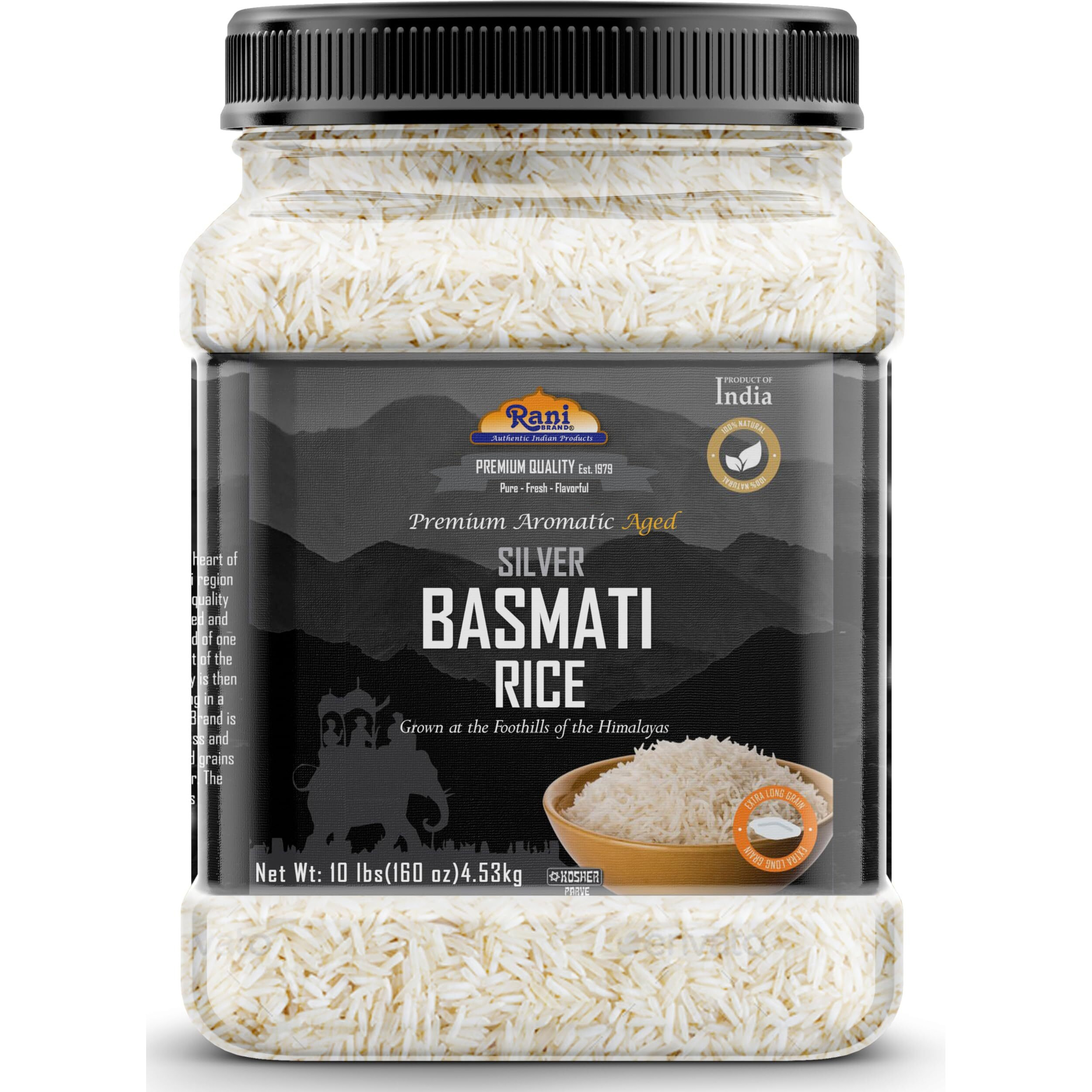 Rani Silver White Basmati Rice Extra Long Aged 160oz (10lbs) 4.53kg PET Jar ~ All Natural, Gluten Friendly, Vegan, Indian Origin, Kosher, Export Quality (Size 160oz (10lbs) 4.53kg)