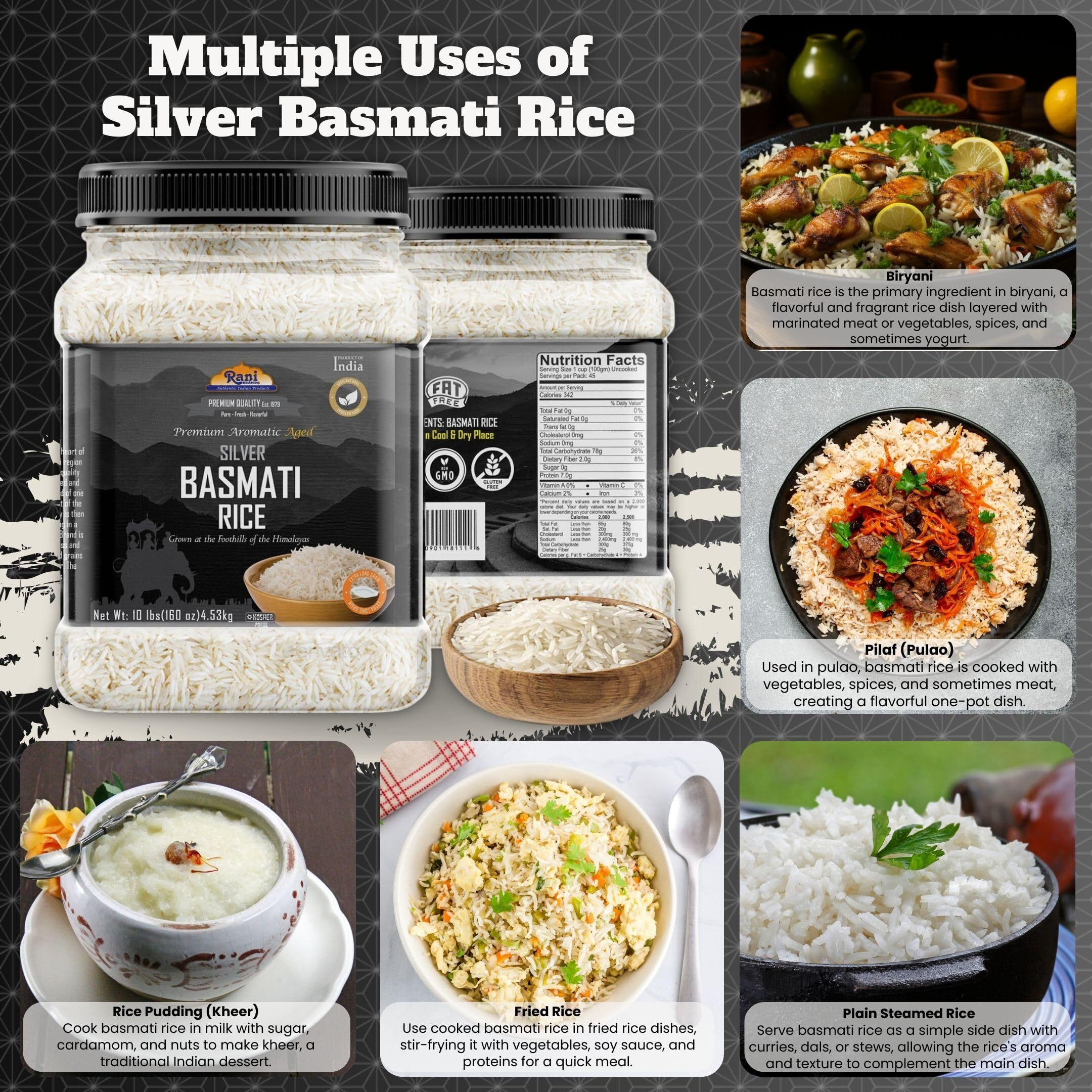 Rani Silver White Basmati Rice Extra Long Aged 160oz (10lbs) 4.53kg PET Jar ~ All Natural, Gluten Friendly, Vegan, Indian Origin, Kosher, Export Quality (Size 160oz (10lbs) 4.53kg)
