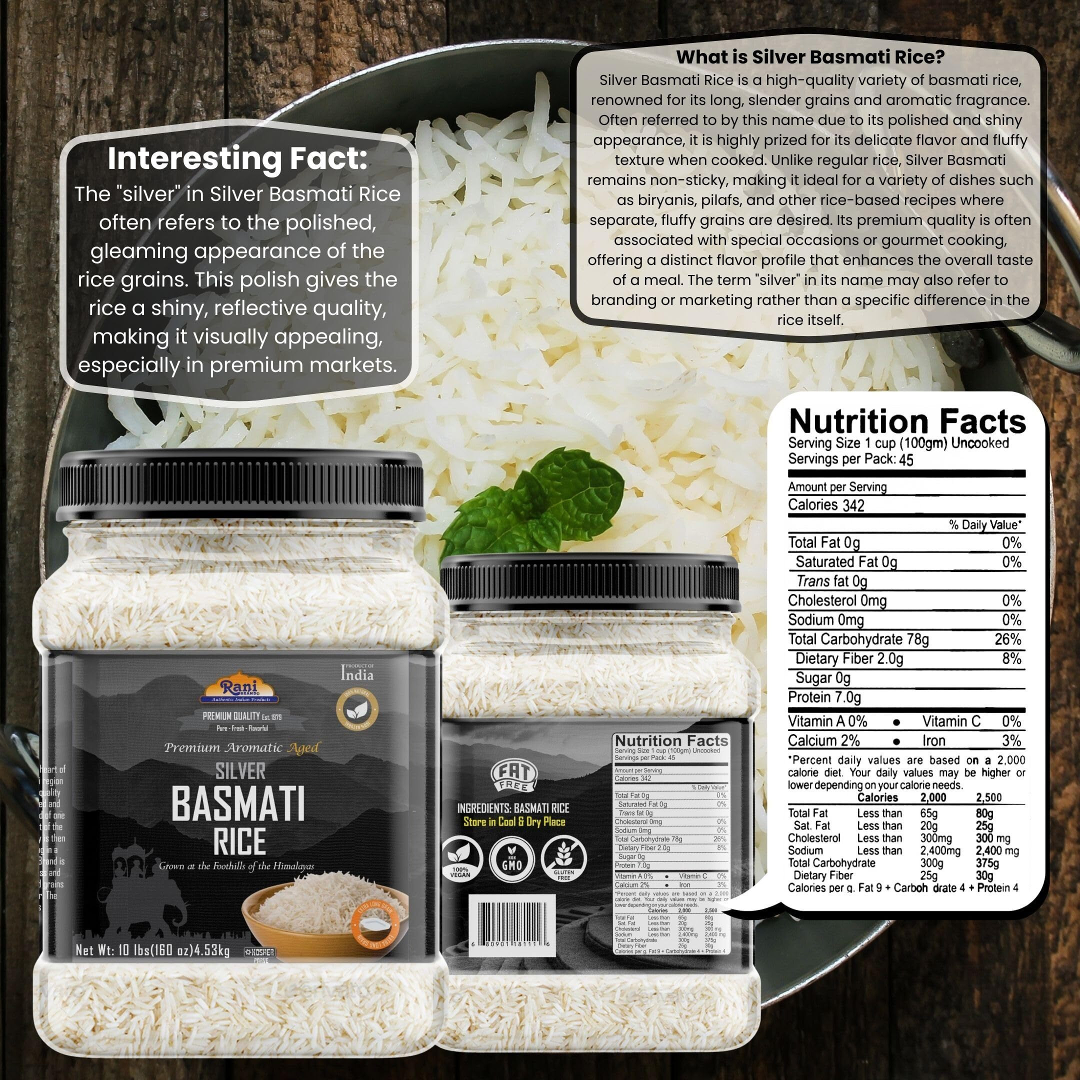 Rani Silver White Basmati Rice Extra Long Aged 160oz (10lbs) 4.53kg PET Jar ~ All Natural, Gluten Friendly, Vegan, Indian Origin, Kosher, Export Quality (Size 160oz (10lbs) 4.53kg)
