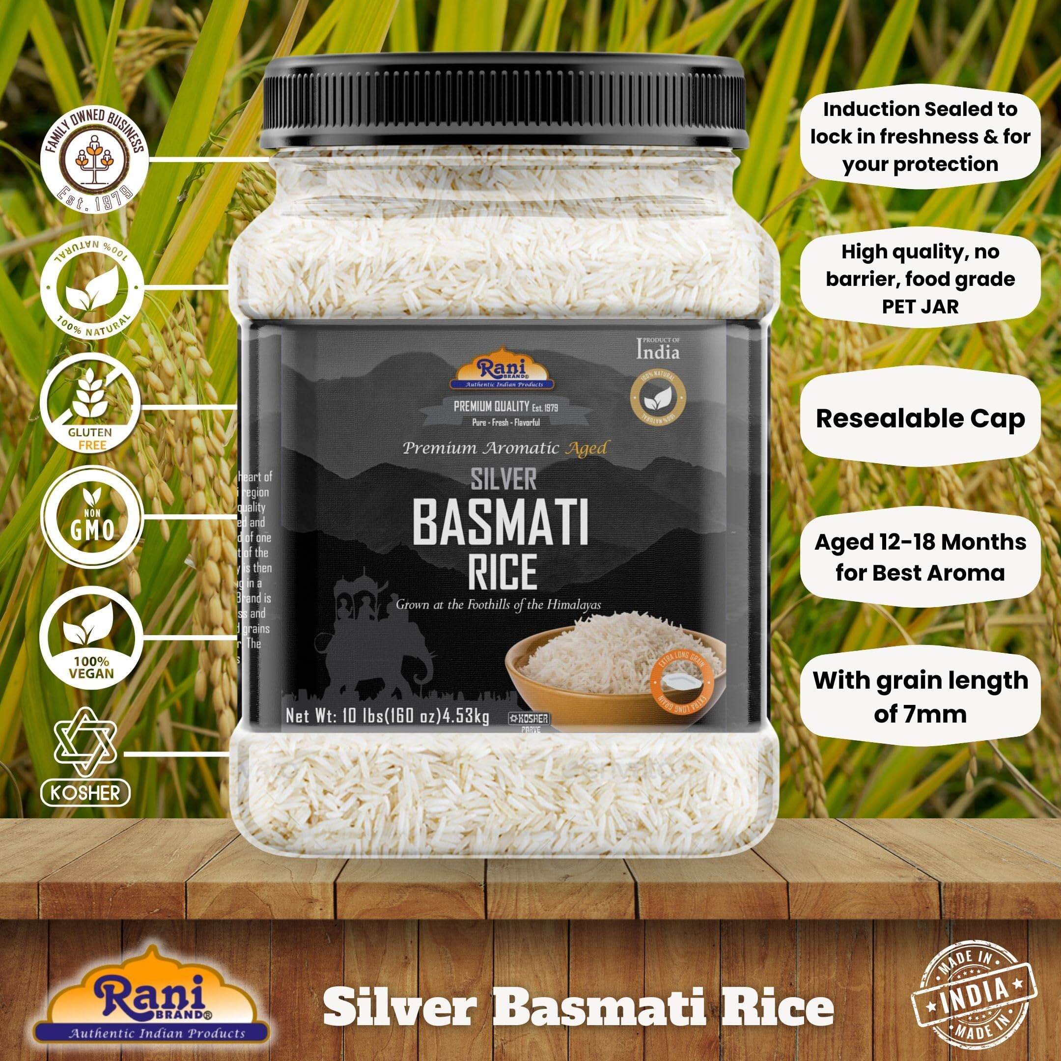 Rani Silver White Basmati Rice Extra Long Aged 160oz (10lbs) 4.53kg PET Jar ~ All Natural, Gluten Friendly, Vegan, Indian Origin, Kosher, Export Quality (Size 160oz (10lbs) 4.53kg)