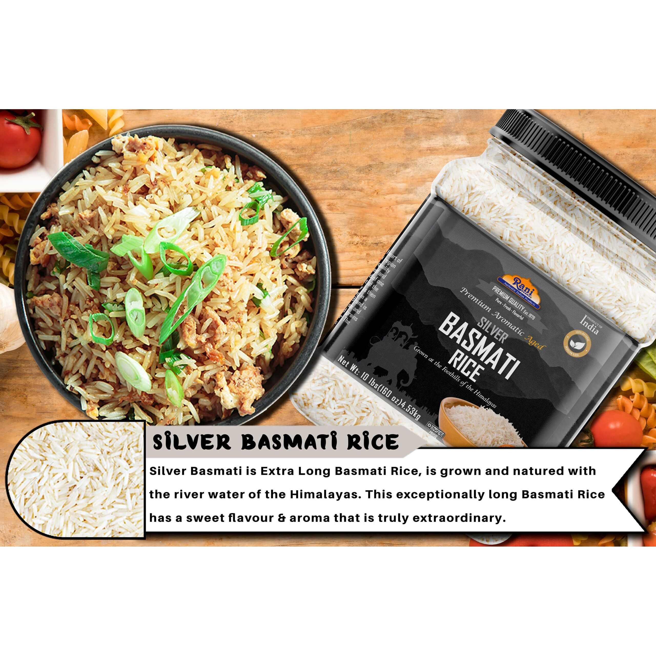 Rani Silver White Basmati Rice Extra Long Aged 160oz (10lbs) 4.53kg PET Jar ~ All Natural, Gluten Friendly, Vegan, Indian Origin, Kosher, Export Quality (Size 160oz (10lbs) 4.53kg)