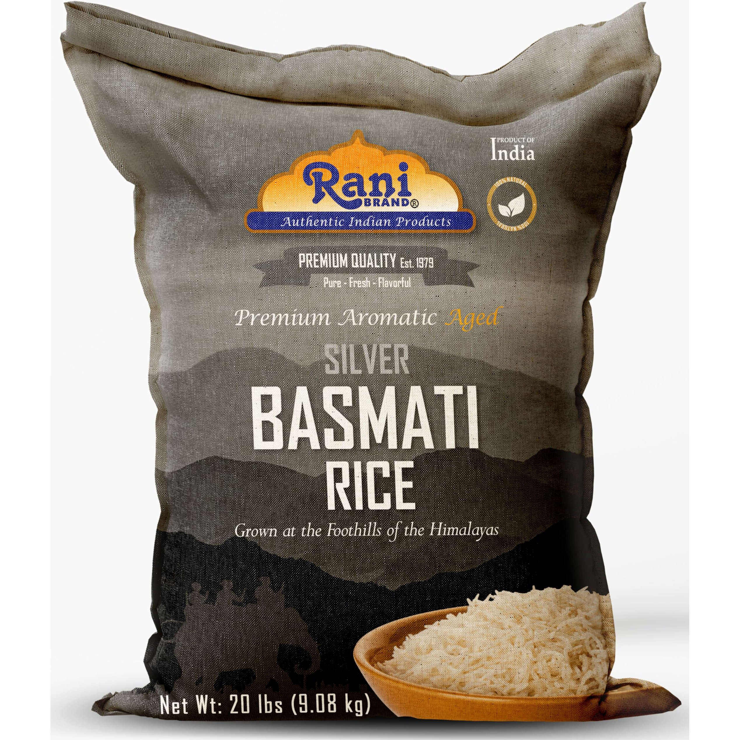 Rani Silver White Basmati Rice Extra Long Aged 20-Pound Bag, 320oz (20lbs) 9.08kg ~ All Natural, Gluten Friendly, Vegan, Indian Origin, Kosher, Export Quality (Size 320oz (20lbs) 9.08kg)