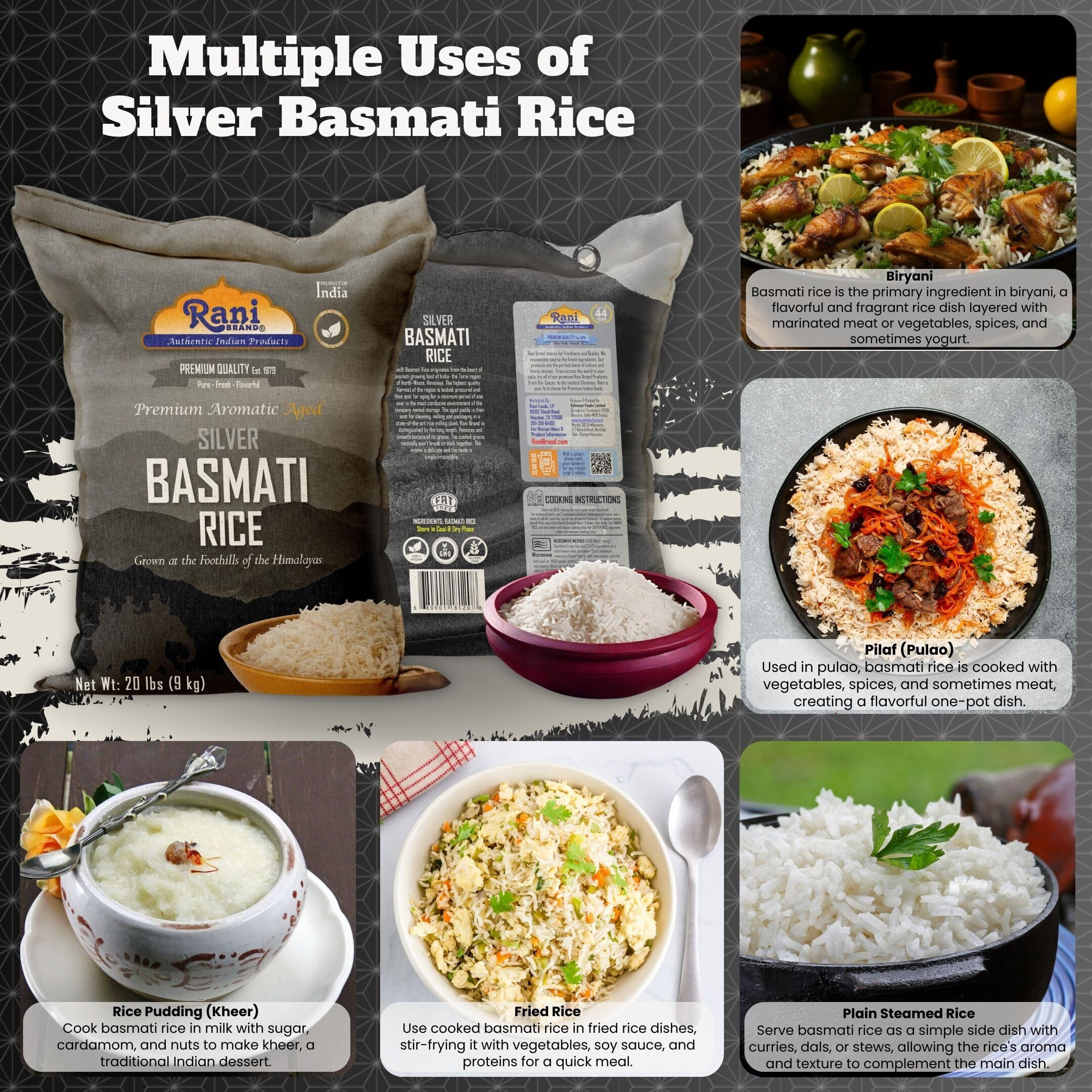 Rani Silver White Basmati Rice Extra Long Aged 20-Pound Bag, 320oz (20lbs) 9.08kg ~ All Natural, Gluten Friendly, Vegan, Indian Origin, Kosher, Export Quality (Size 320oz (20lbs) 9.08kg)