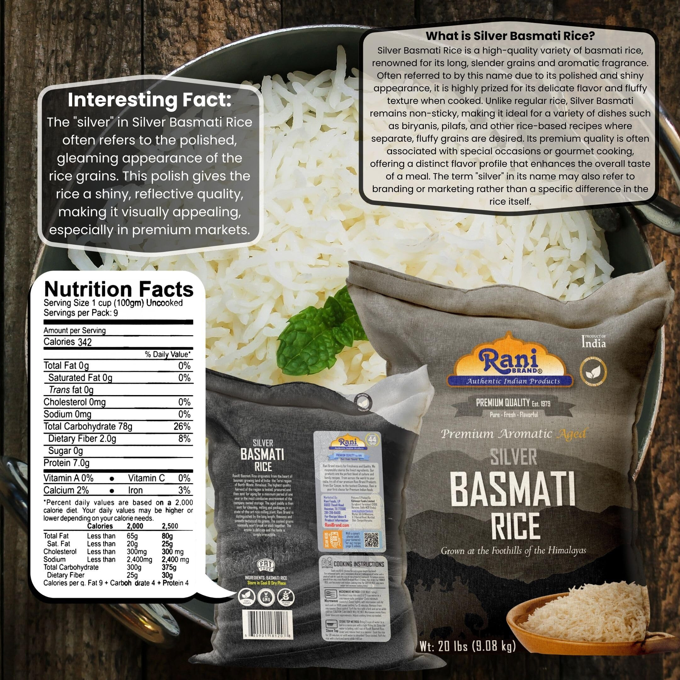 Rani Silver White Basmati Rice Extra Long Aged 20-Pound Bag, 320oz (20lbs) 9.08kg ~ All Natural, Gluten Friendly, Vegan, Indian Origin, Kosher, Export Quality (Size 320oz (20lbs) 9.08kg)