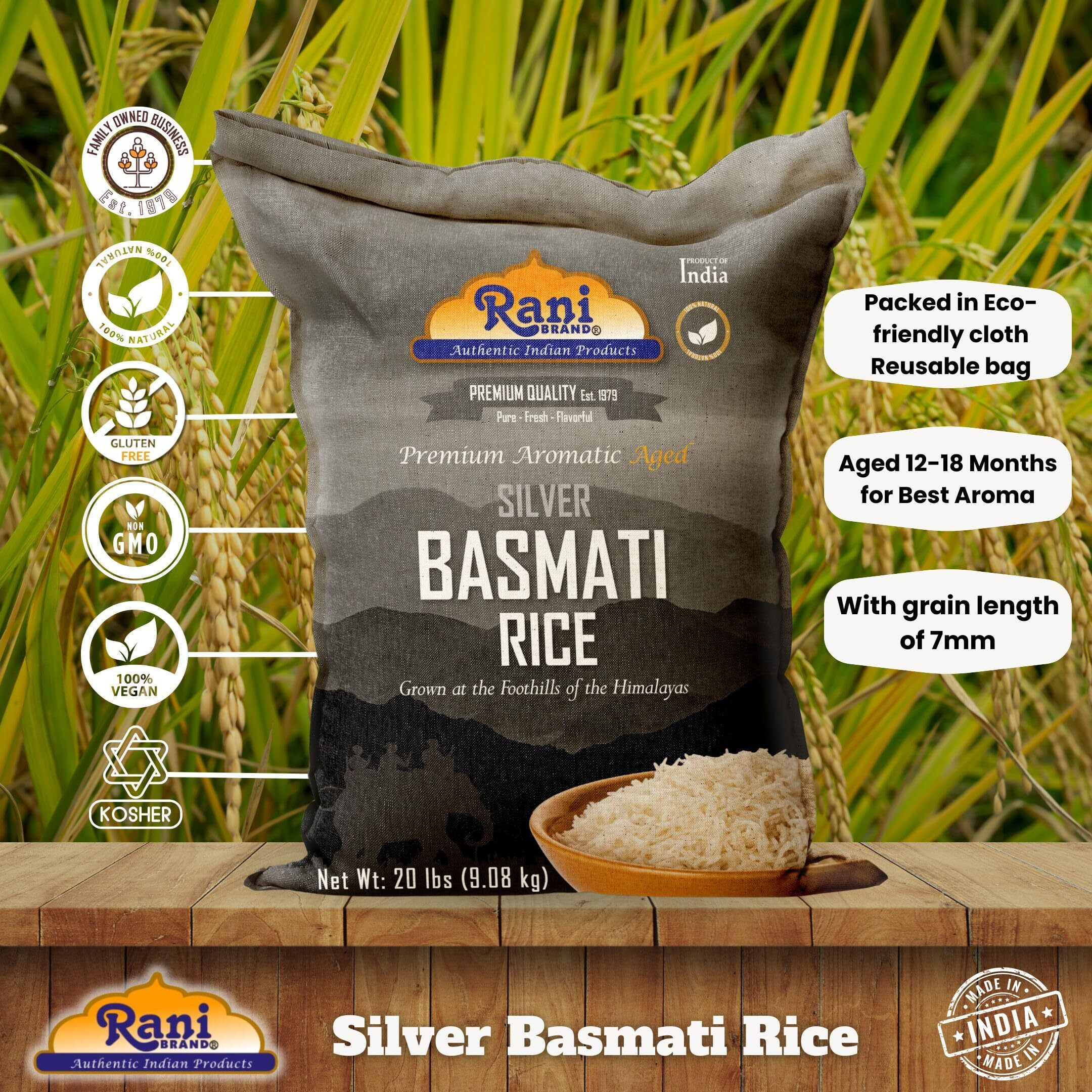 Rani Silver White Basmati Rice Extra Long Aged 20-Pound Bag, 320oz (20lbs) 9.08kg ~ All Natural, Gluten Friendly, Vegan, Indian Origin, Kosher, Export Quality (Size 320oz (20lbs) 9.08kg)