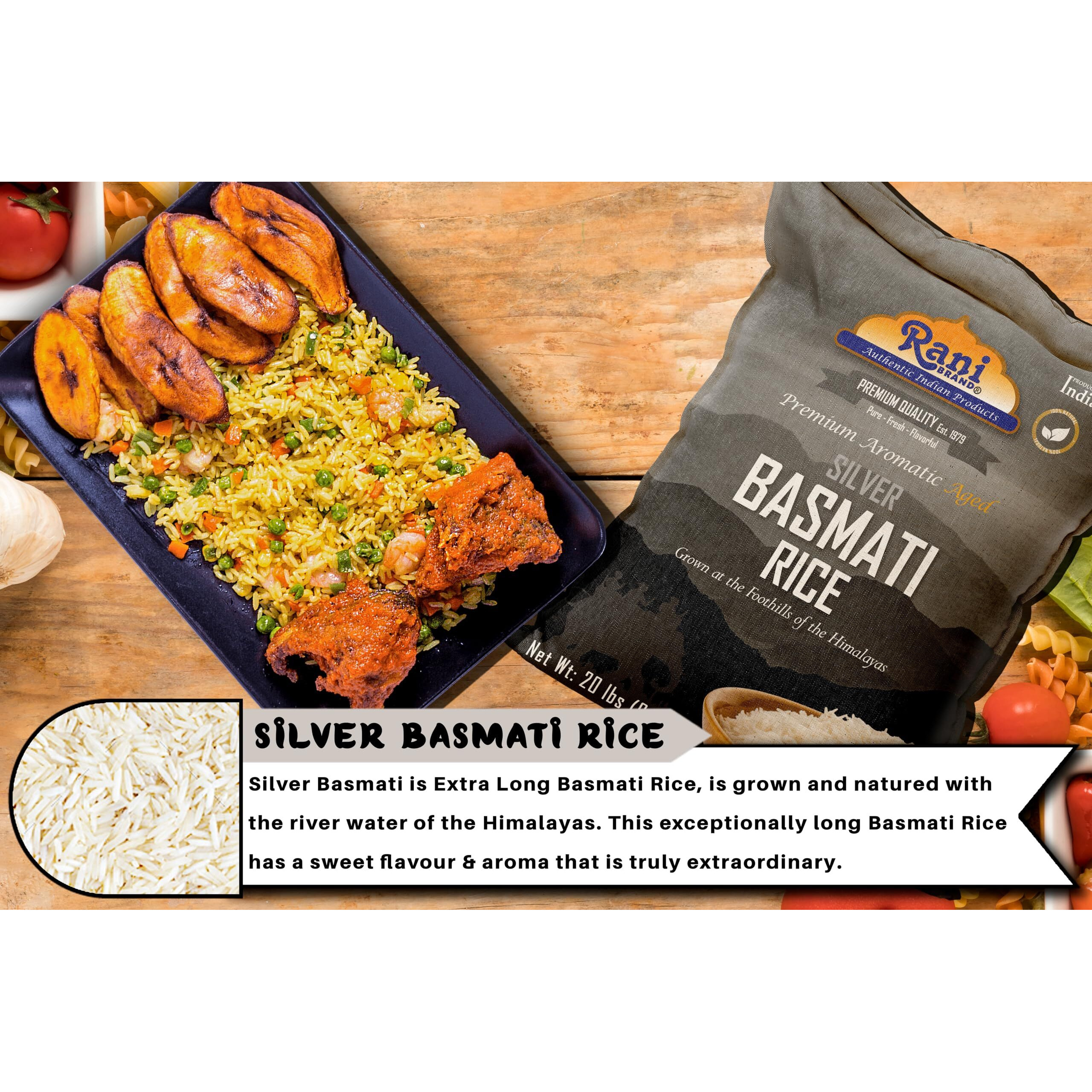 Rani Silver White Basmati Rice Extra Long Aged 20-Pound Bag, 320oz (20lbs) 9.08kg ~ All Natural, Gluten Friendly, Vegan, Indian Origin, Kosher, Export Quality (Size 320oz (20lbs) 9.08kg)