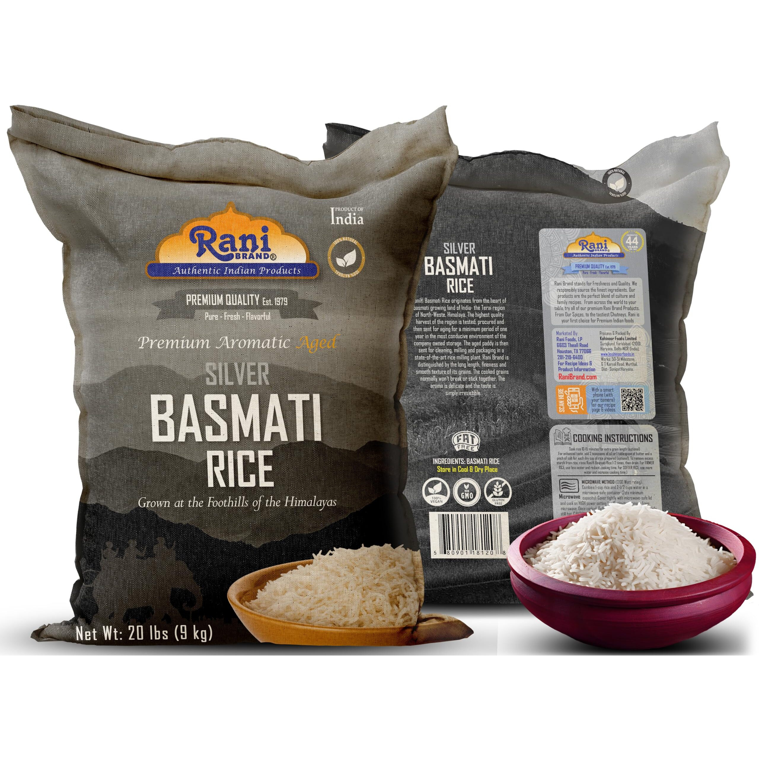 Rani Silver White Basmati Rice Extra Long Aged 20-Pound Bag, 320oz (20lbs) 9.08kg ~ All Natural, Gluten Friendly, Vegan, Indian Origin, Kosher, Export Quality (Size 320oz (20lbs) 9.08kg)