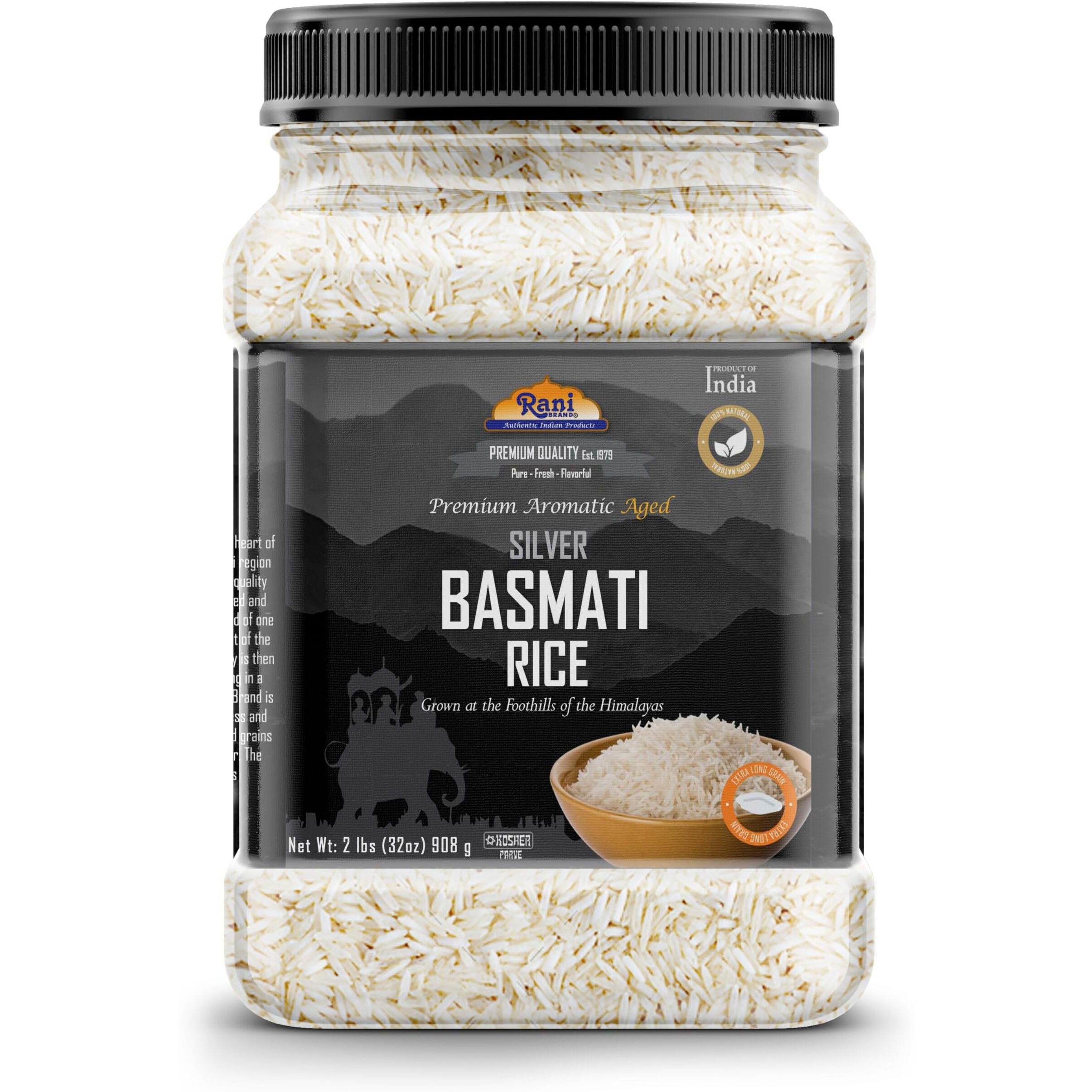 Rani Silver White Basmati Rice Extra Long Aged 32oz (2lbs) 908g PET Jar ~ All Natural, Gluten Friendly, Vegan, Indian Origin, Kosher, Export Quality (Size 320oz (20lbs) 9.08kg)