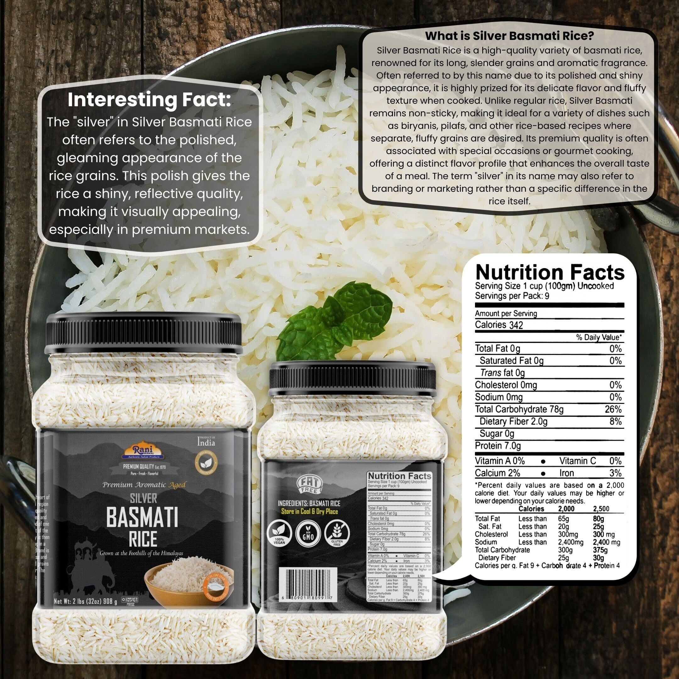 Rani Silver White Basmati Rice Extra Long Aged 32oz (2lbs) 908g PET Jar ~ All Natural, Gluten Friendly, Vegan, Indian Origin, Kosher, Export Quality (Size 320oz (20lbs) 9.08kg)