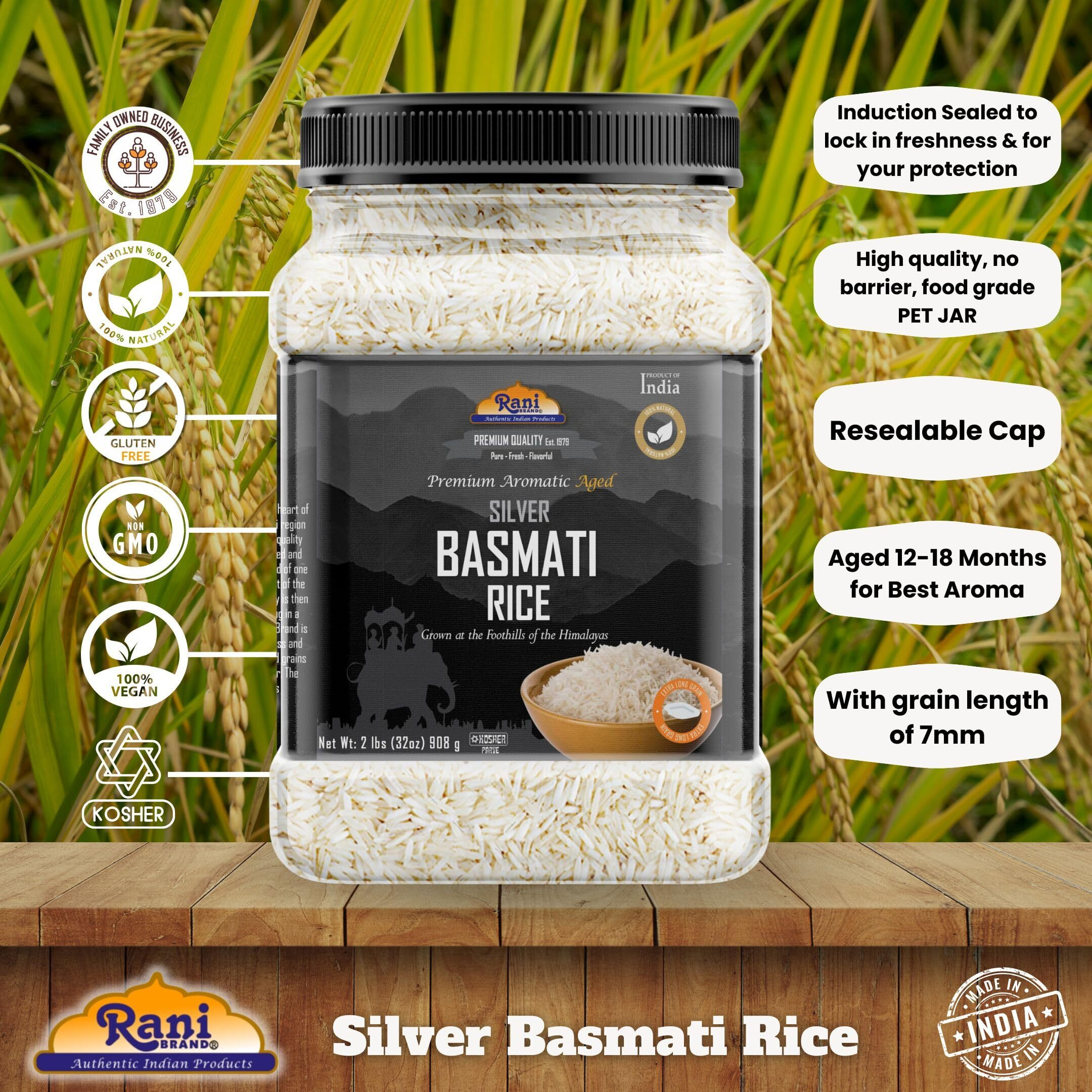 Rani Silver White Basmati Rice Extra Long Aged 32oz (2lbs) 908g PET Jar ~ All Natural, Gluten Friendly, Vegan, Indian Origin, Kosher, Export Quality (Size 320oz (20lbs) 9.08kg)