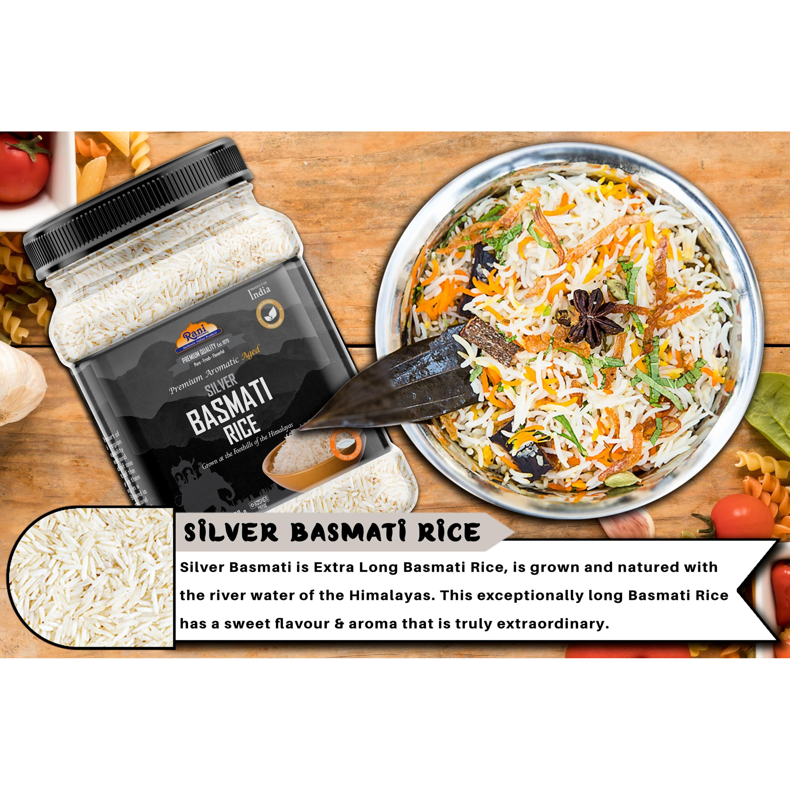 Rani Silver White Basmati Rice Extra Long Aged 32oz (2lbs) 908g PET Jar ~ All Natural, Gluten Friendly, Vegan, Indian Origin, Kosher, Export Quality (Size 320oz (20lbs) 9.08kg)