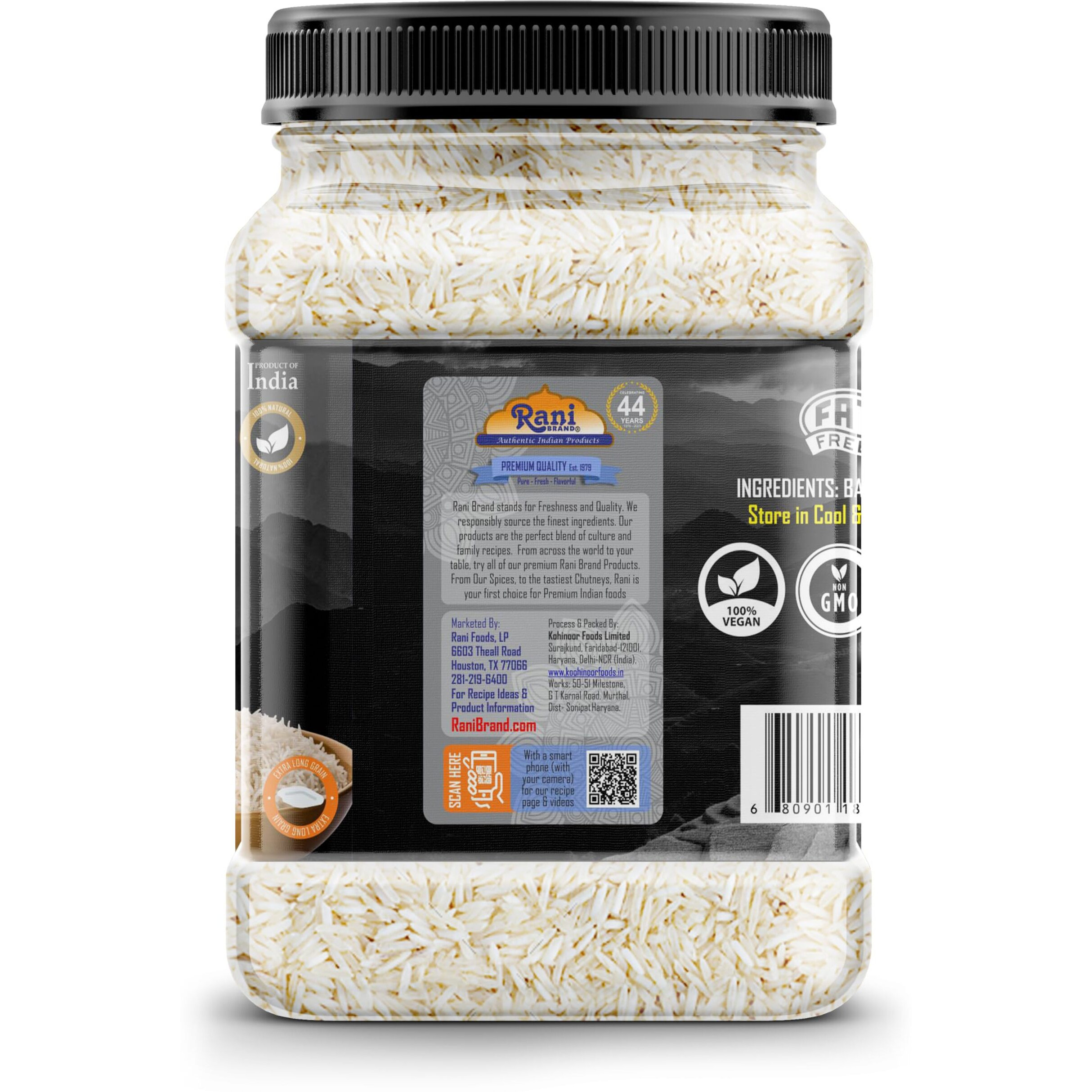 Rani Silver White Basmati Rice Extra Long Aged 32oz (2lbs) 908g PET Jar ~ All Natural, Gluten Friendly, Vegan, Indian Origin, Kosher, Export Quality (Size 320oz (20lbs) 9.08kg)