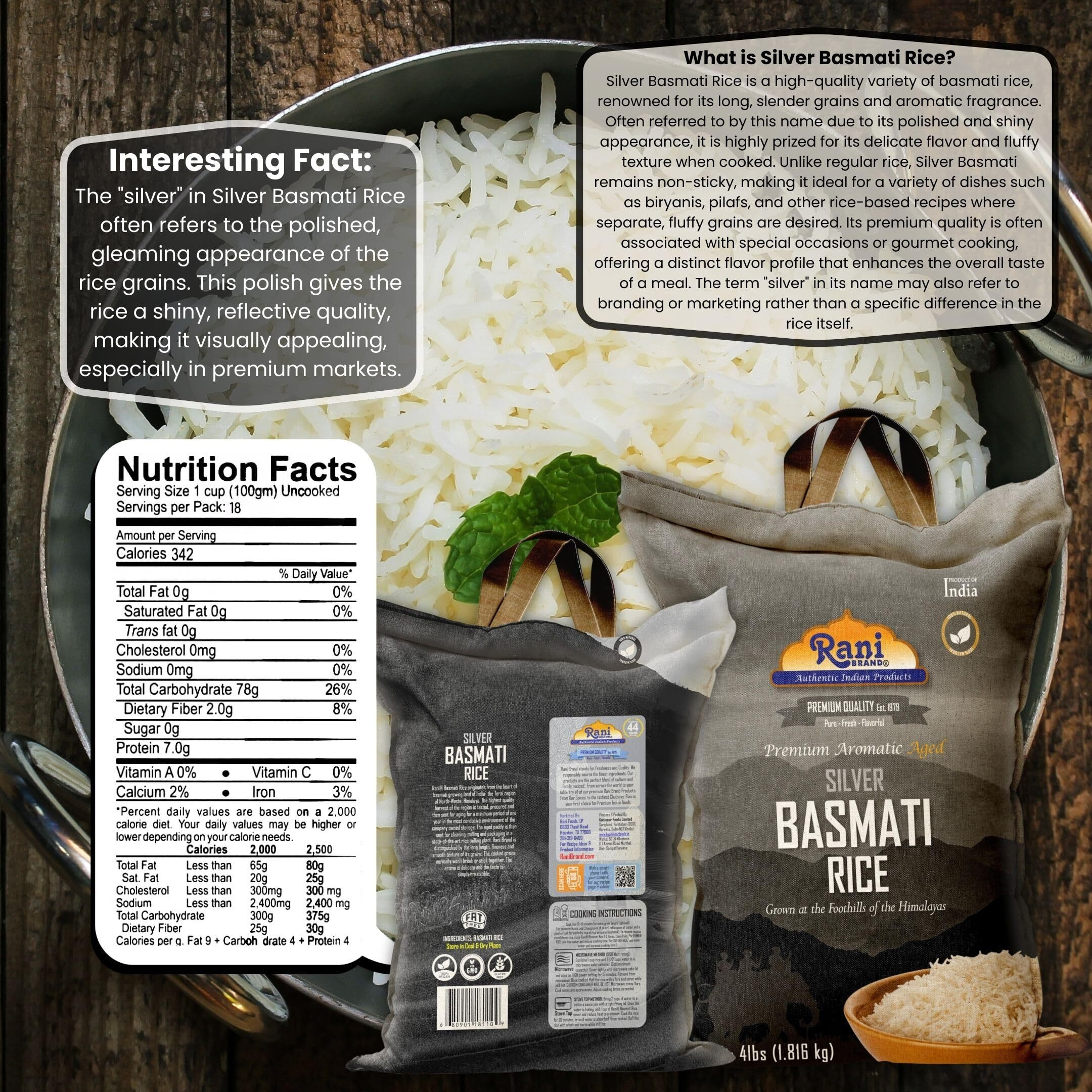Rani Silver White Basmati Rice Extra Long Aged 4-Pound Bag, 4lbs (64oz) 1.81kg ~ All Natural, Gluten Friendly, Vegan, Indian Origin, Kosher, Export Quality (Size 4lbs (64oz) 1.81kg)