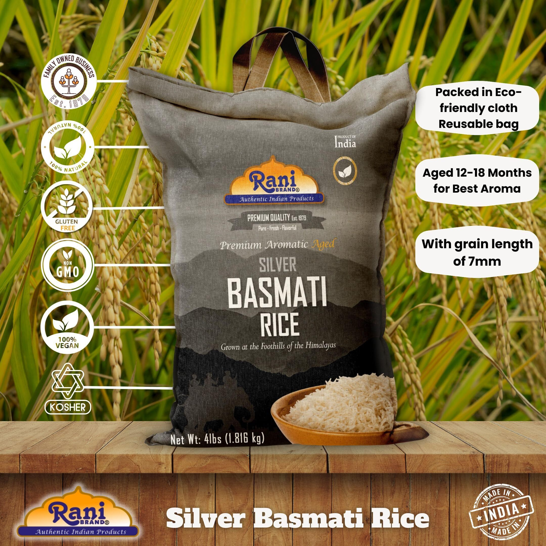 Rani Silver White Basmati Rice Extra Long Aged 4-Pound Bag, 4lbs (64oz) 1.81kg ~ All Natural, Gluten Friendly, Vegan, Indian Origin, Kosher, Export Quality (Size 4lbs (64oz) 1.81kg)