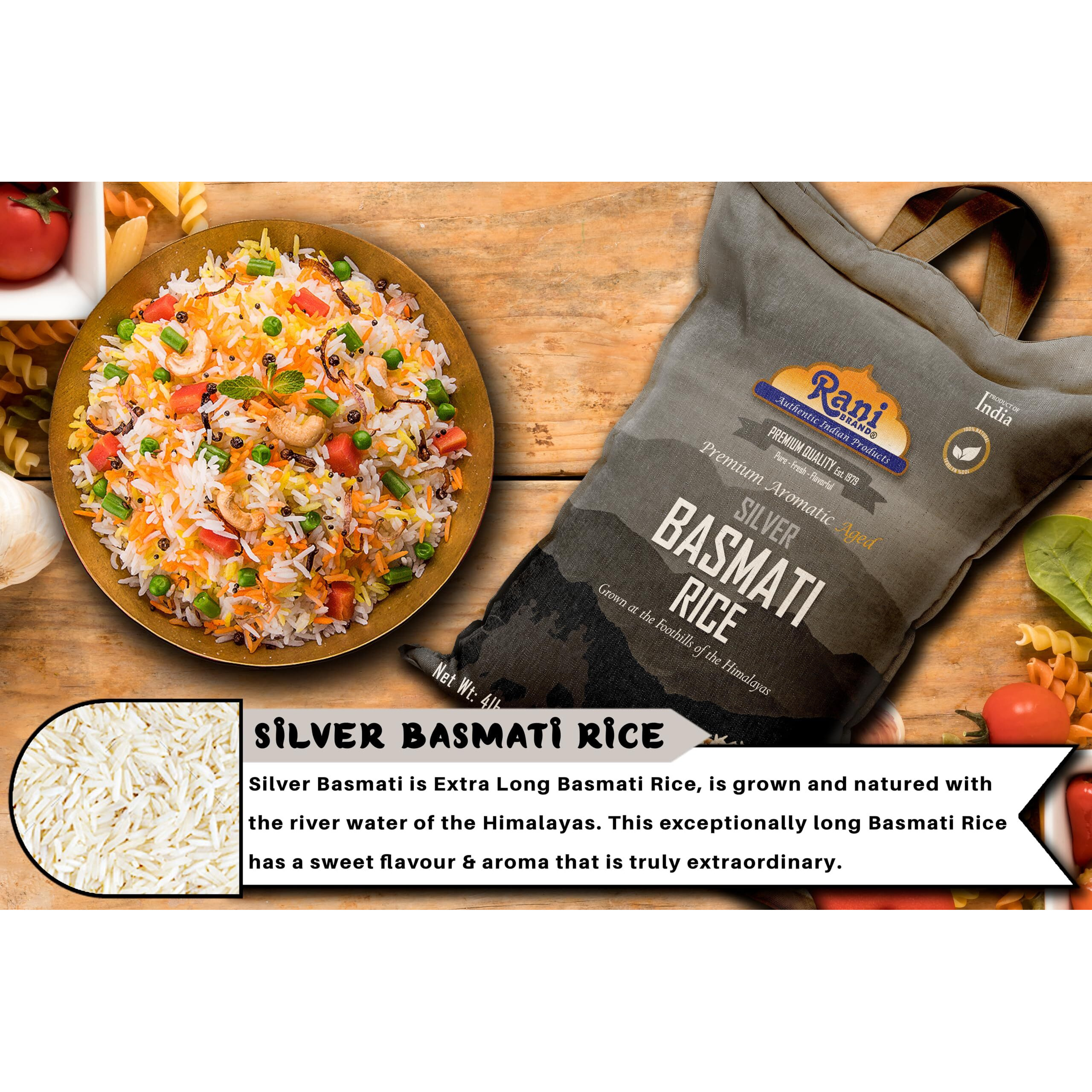 Rani Silver White Basmati Rice Extra Long Aged 4-Pound Bag, 4lbs (64oz) 1.81kg ~ All Natural, Gluten Friendly, Vegan, Indian Origin, Kosher, Export Quality (Size 4lbs (64oz) 1.81kg)
