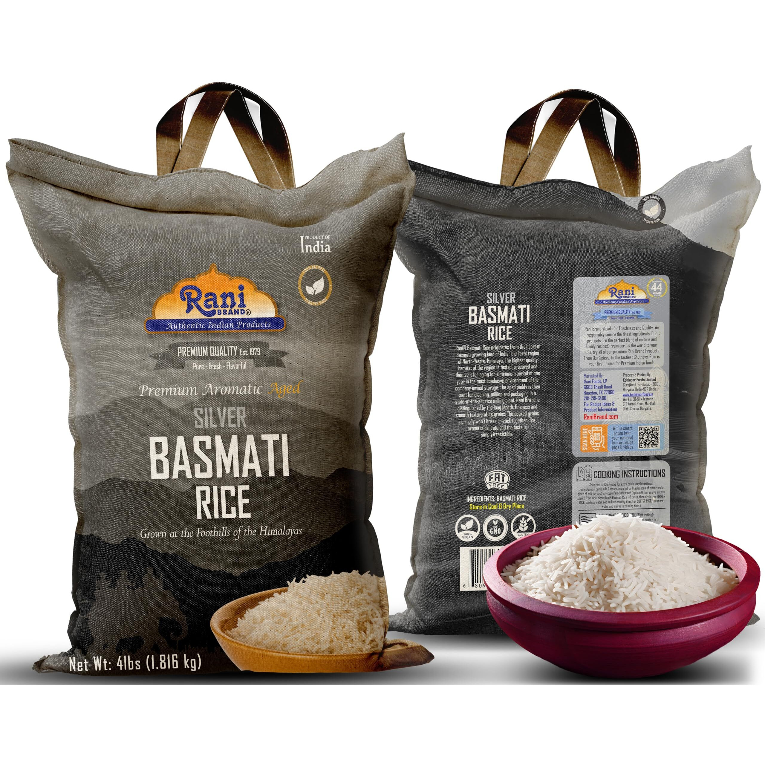 Rani Silver White Basmati Rice Extra Long Aged 4-Pound Bag, 4lbs (64oz) 1.81kg ~ All Natural, Gluten Friendly, Vegan, Indian Origin, Kosher, Export Quality (Size 4lbs (64oz) 1.81kg)