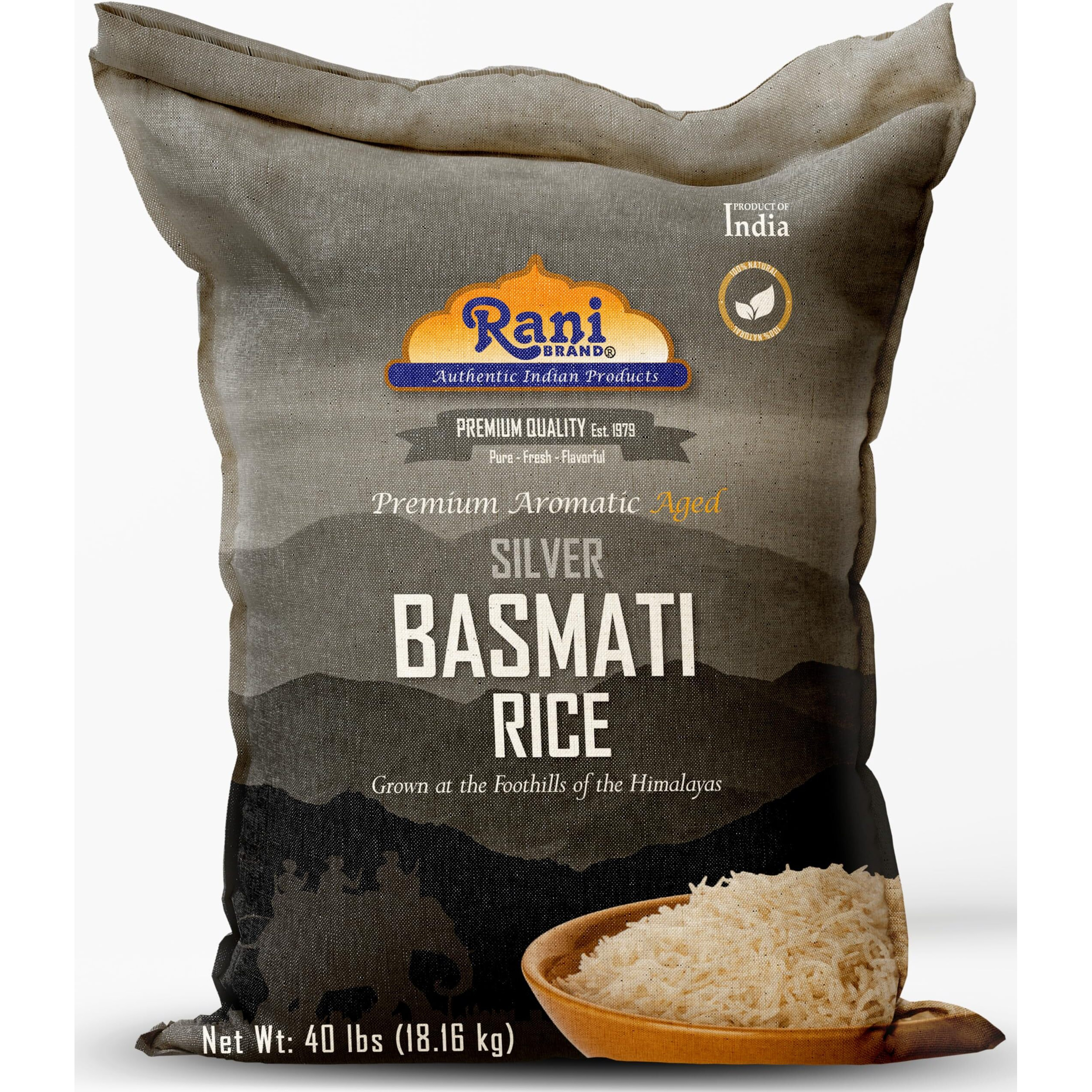 Rani Silver White Basmati Rice Extra Long Aged 40-Pound Bag, 640oz (40lbs) 18.16kg ~ All Natural, Gluten Friendly, Vegan, Indian Origin, Kosher, Export Quality (Size 640oz (40lbs) 18.16kg)