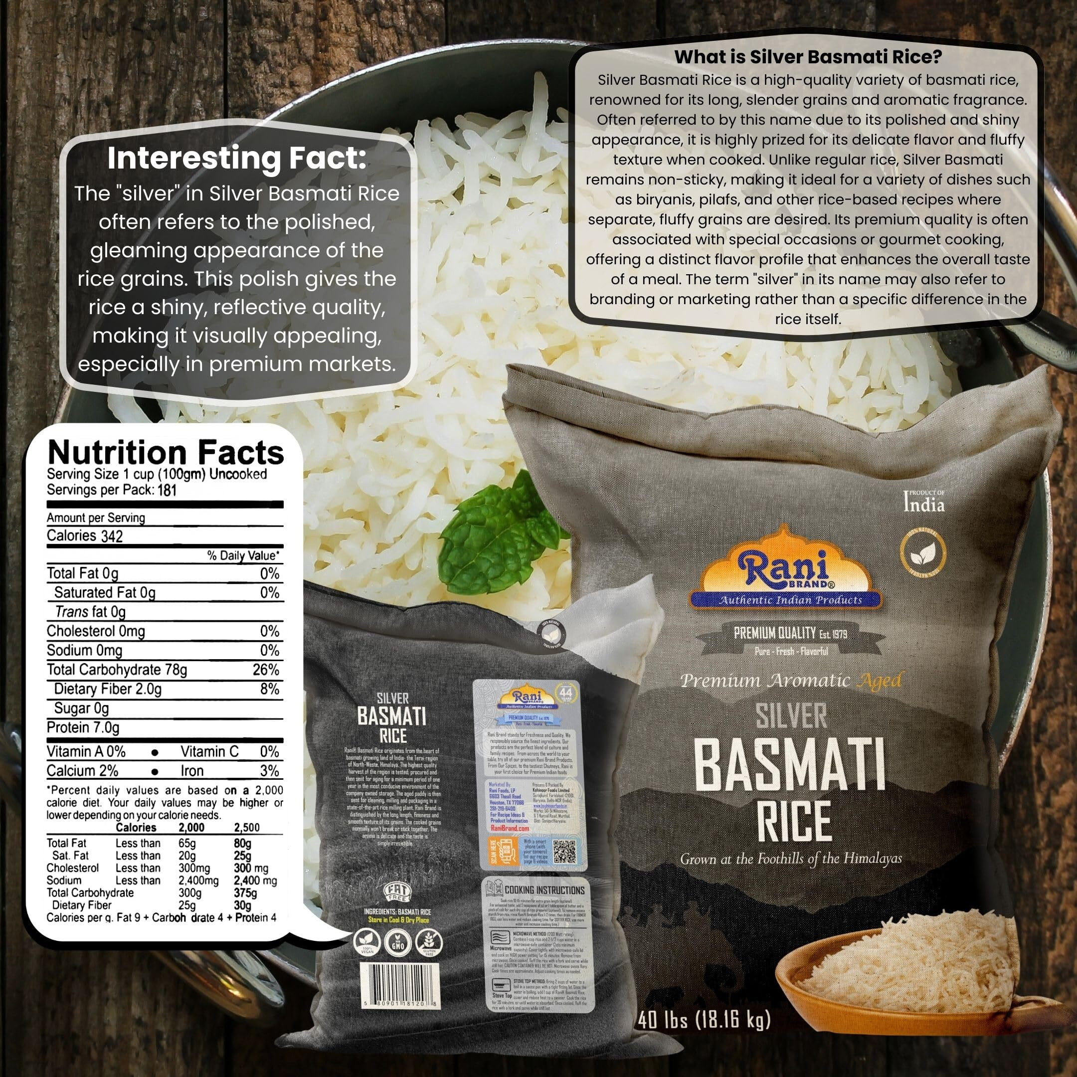 Rani Silver White Basmati Rice Extra Long Aged 40-Pound Bag, 640oz (40lbs) 18.16kg ~ All Natural, Gluten Friendly, Vegan, Indian Origin, Kosher, Export Quality (Size 640oz (40lbs) 18.16kg)