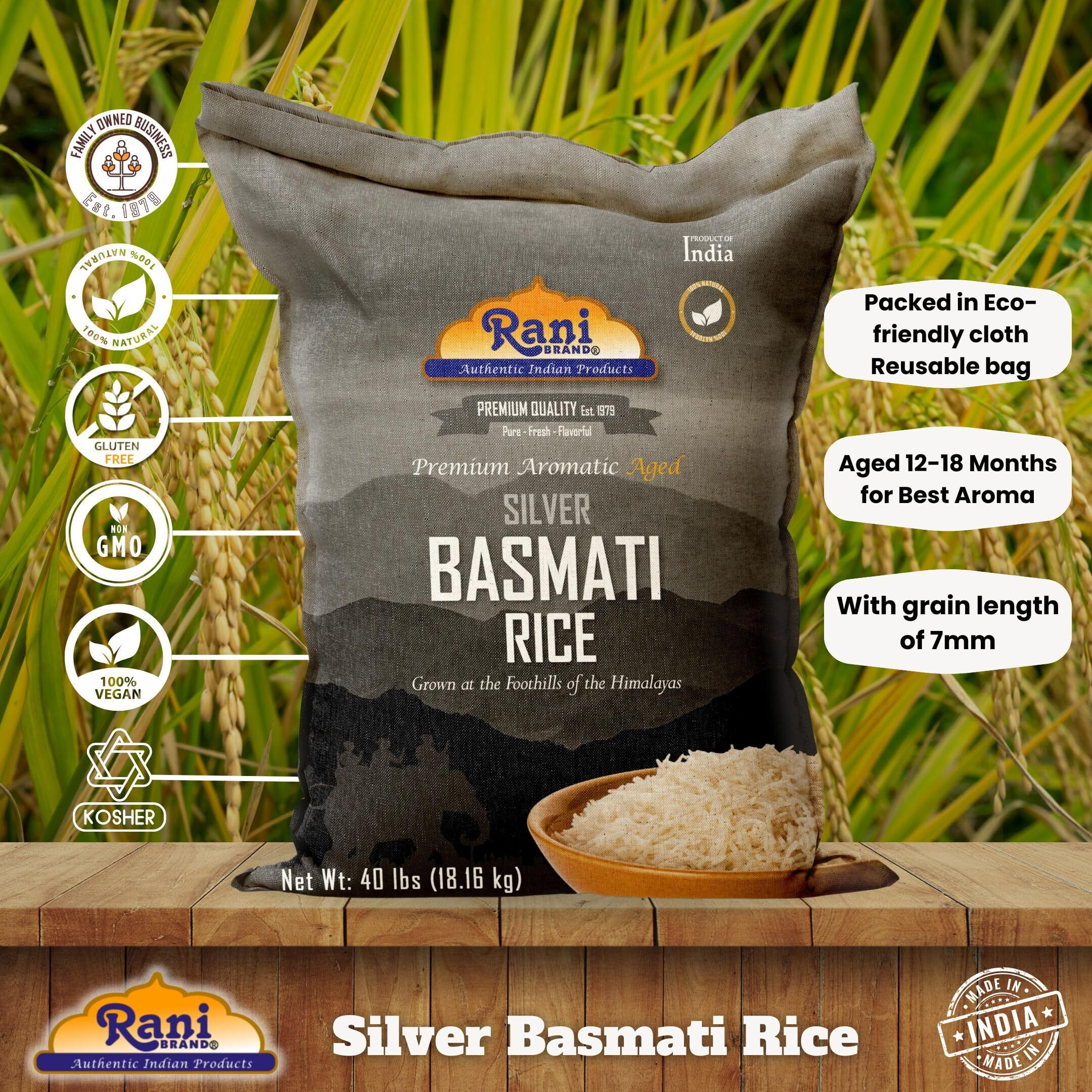 Rani Silver White Basmati Rice Extra Long Aged 40-Pound Bag, 640oz (40lbs) 18.16kg ~ All Natural, Gluten Friendly, Vegan, Indian Origin, Kosher, Export Quality (Size 640oz (40lbs) 18.16kg)
