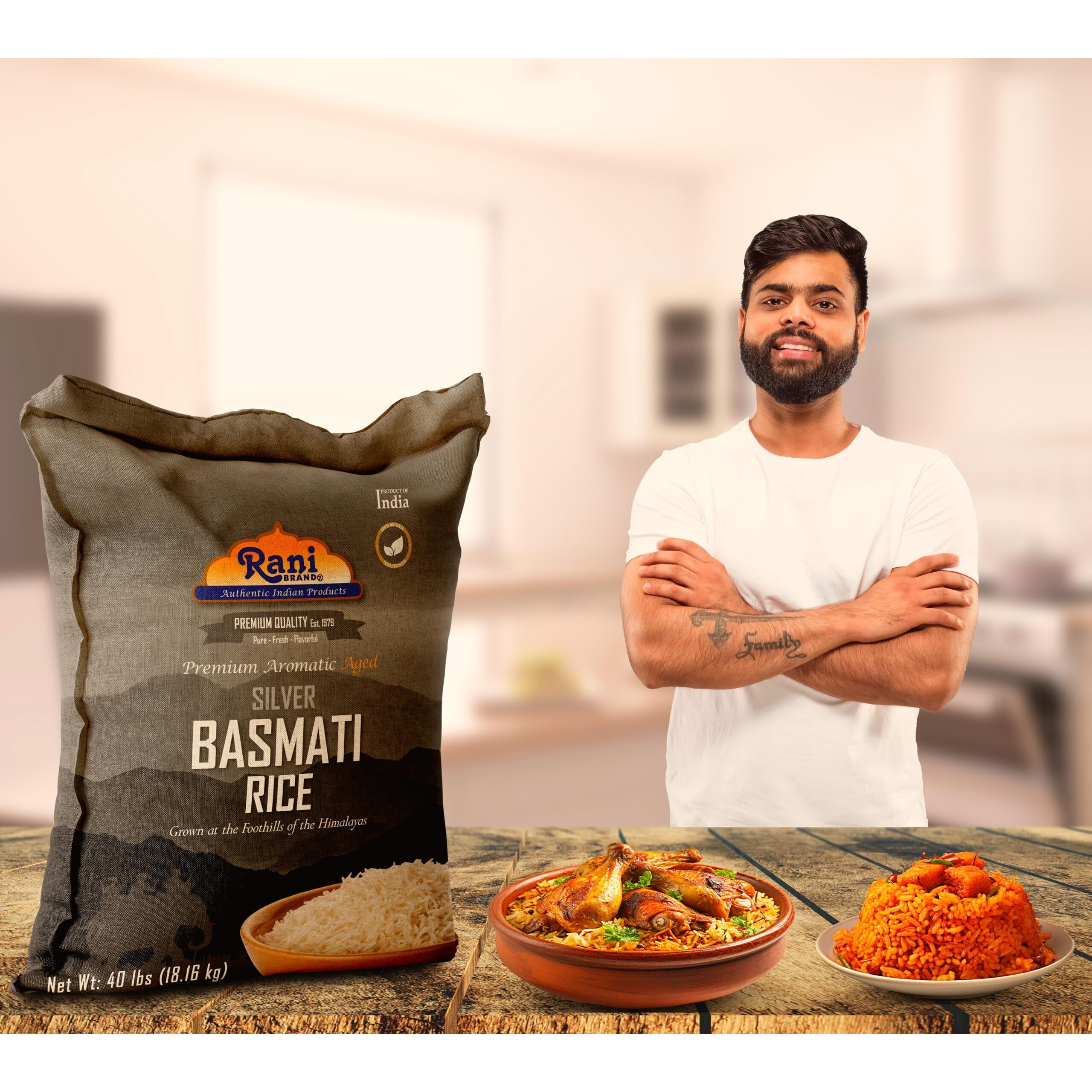 Rani Silver White Basmati Rice Extra Long Aged 40-Pound Bag, 640oz (40lbs) 18.16kg ~ All Natural, Gluten Friendly, Vegan, Indian Origin, Kosher, Export Quality (Size 640oz (40lbs) 18.16kg)