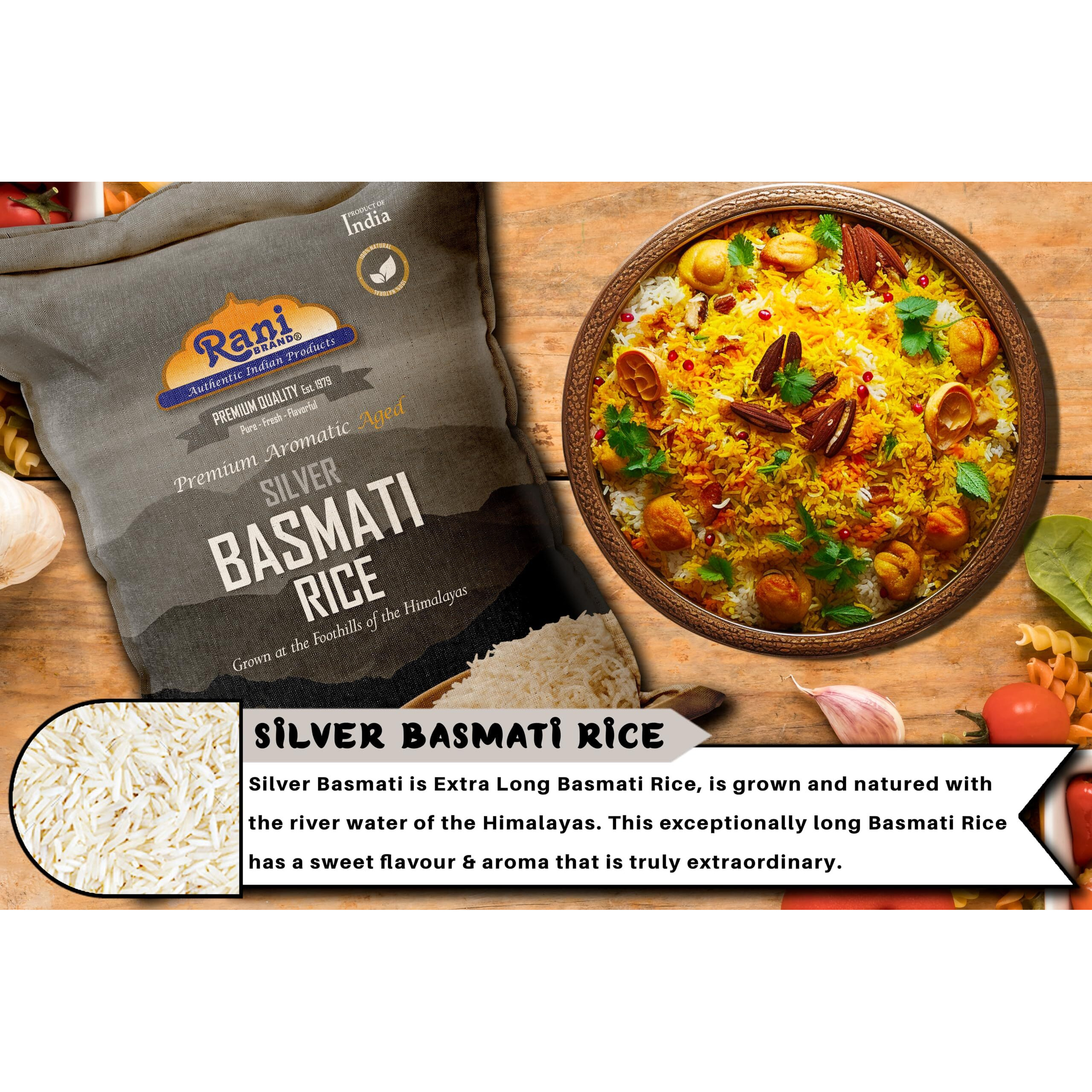 Rani Silver White Basmati Rice Extra Long Aged 40-Pound Bag, 640oz (40lbs) 18.16kg ~ All Natural, Gluten Friendly, Vegan, Indian Origin, Kosher, Export Quality (Size 640oz (40lbs) 18.16kg)