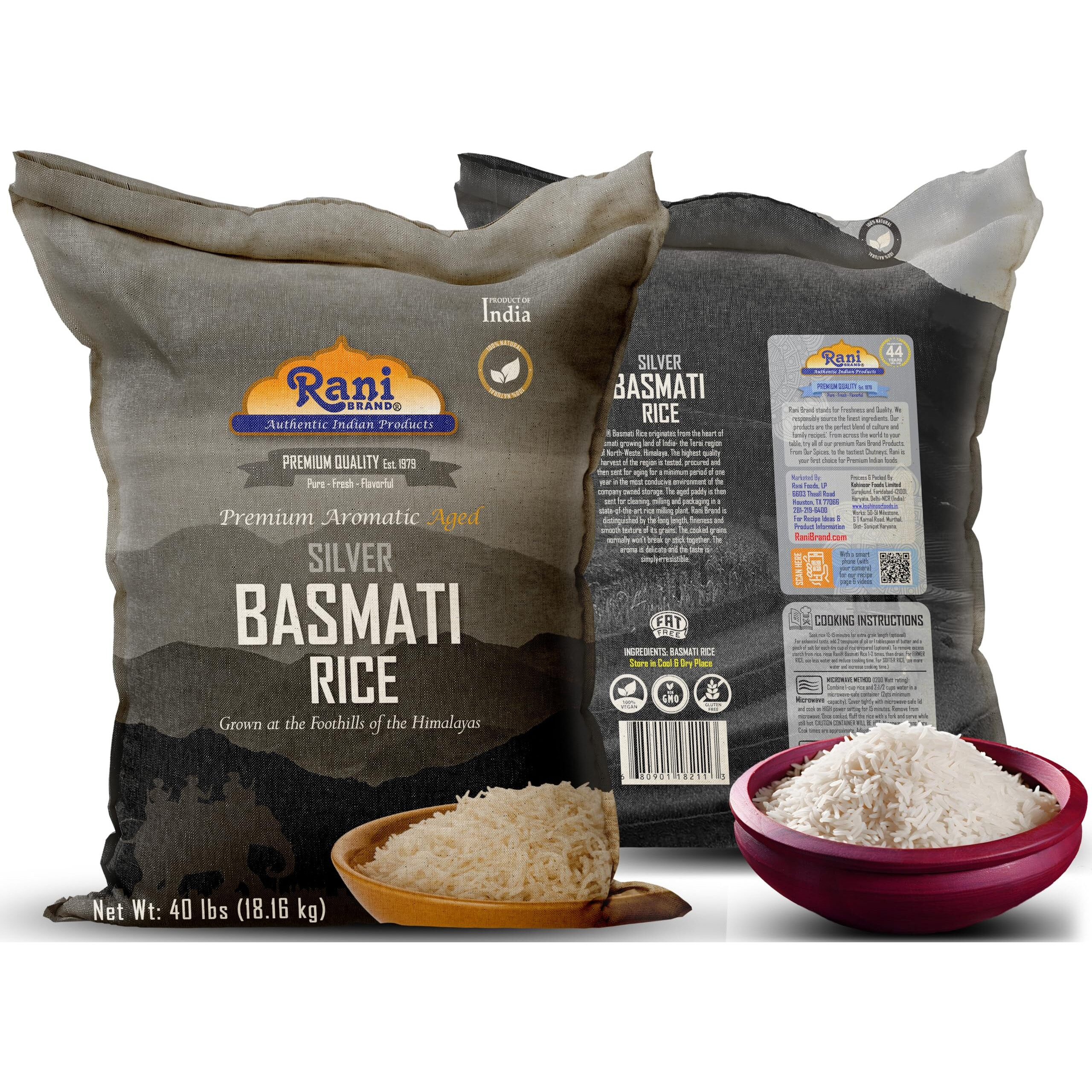 Rani Silver White Basmati Rice Extra Long Aged 40-Pound Bag, 640oz (40lbs) 18.16kg ~ All Natural, Gluten Friendly, Vegan, Indian Origin, Kosher, Export Quality (Size 640oz (40lbs) 18.16kg)