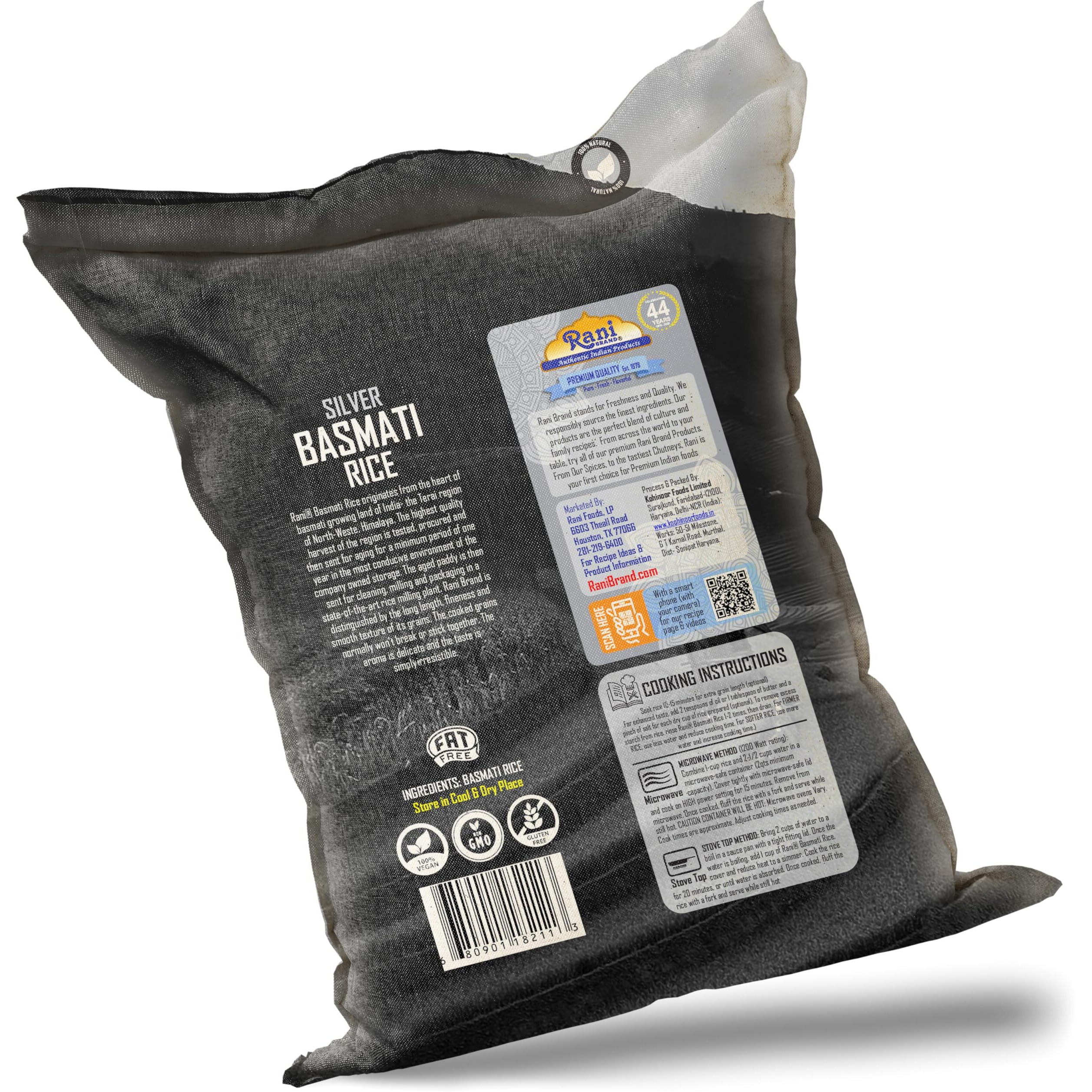 Rani Silver White Basmati Rice Extra Long Aged 40-Pound Bag, 640oz (40lbs) 18.16kg ~ All Natural, Gluten Friendly, Vegan, Indian Origin, Kosher, Export Quality (Size 640oz (40lbs) 18.16kg)