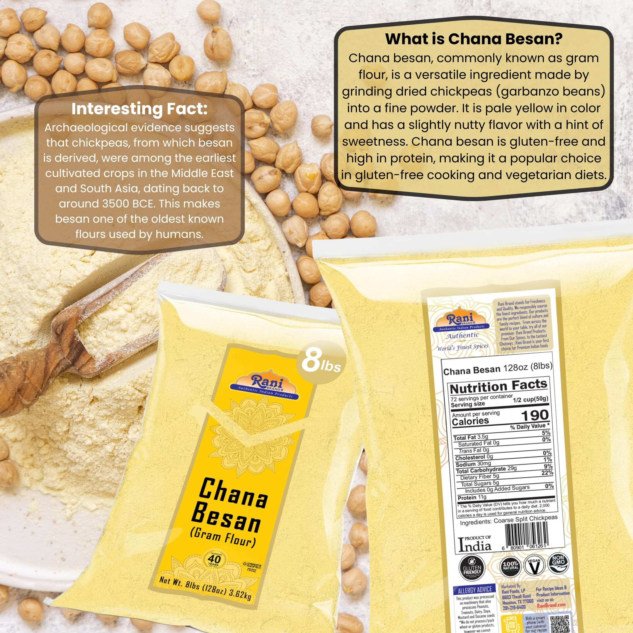 Rani Chana Besan (Chickpeas Flour, Gram) 128oz (8lbs) 3.63kg Bulk ~ All Natural, Vegan, Gluten Friendly, NON-GMO, Kosher, Indian Origin