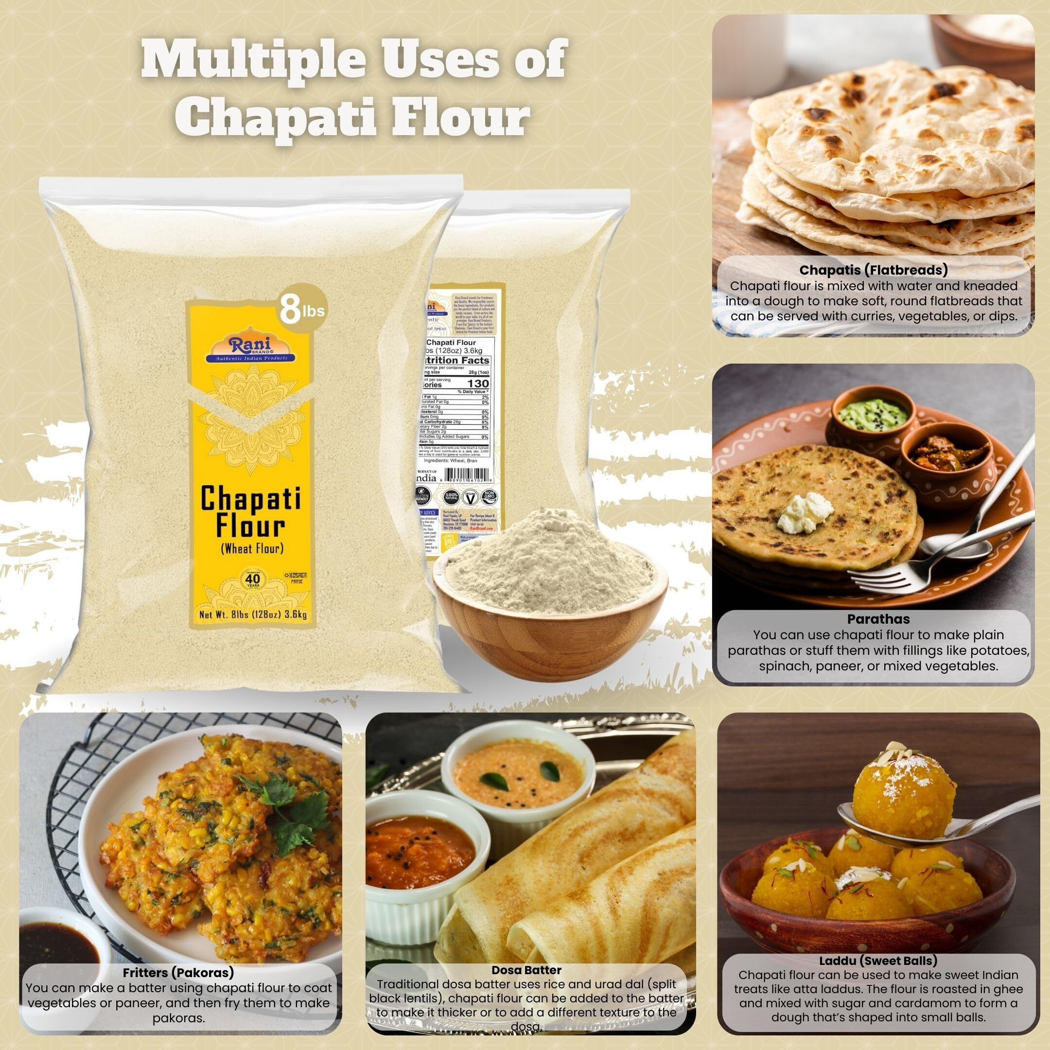 Rani Chapati Flour (100% Pure Whole Wheat Atta), For Making Roti & Indian Breads 128oz (8lbs) 3.63kg Bulk ~ All Natural, Vegan, No Salt or Colors, NON-GMO, Kosher, Indian Origin