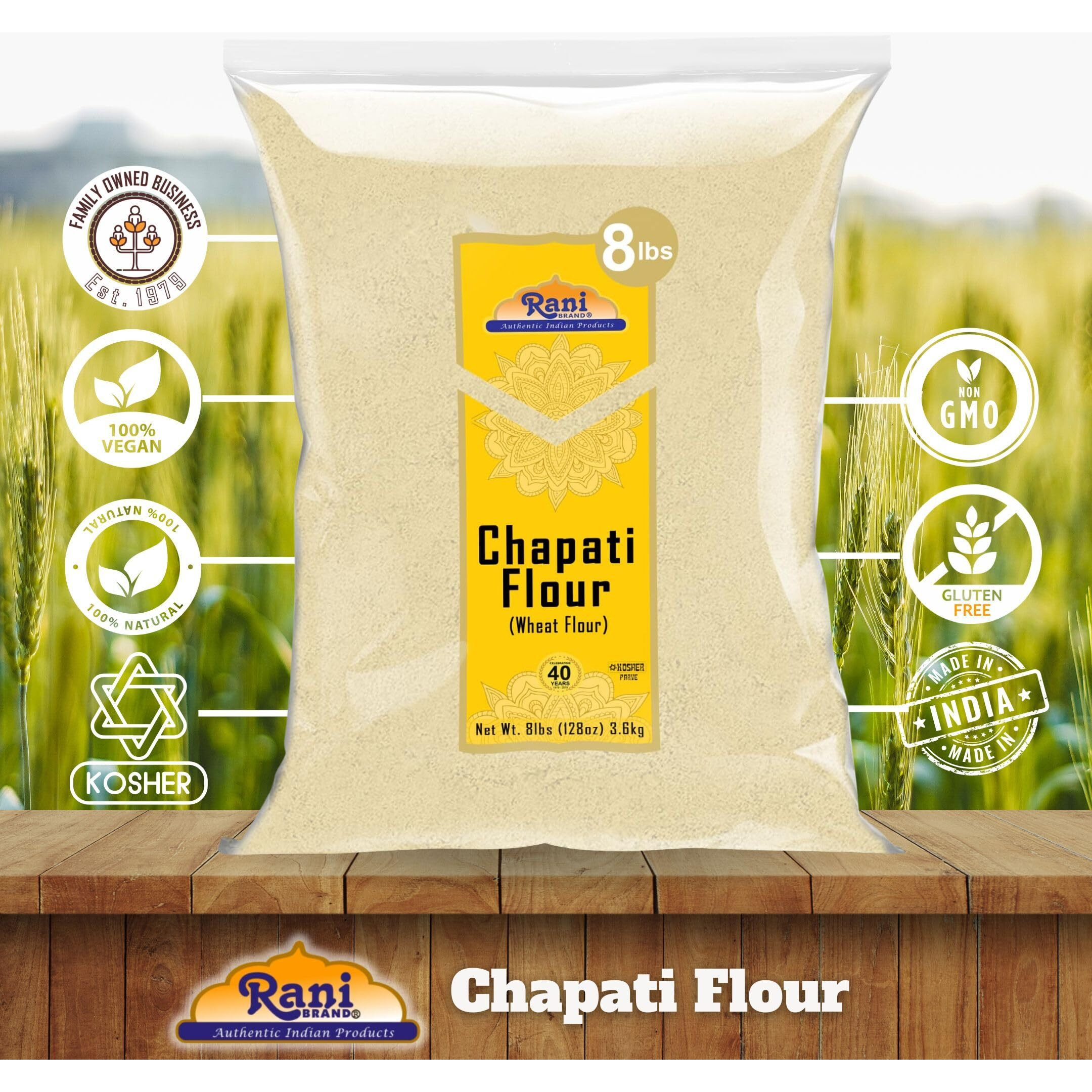 Rani Chapati Flour (100% Pure Whole Wheat Atta), For Making Roti & Indian Breads 128oz (8lbs) 3.63kg Bulk ~ All Natural, Vegan, No Salt or Colors, NON-GMO, Kosher, Indian Origin
