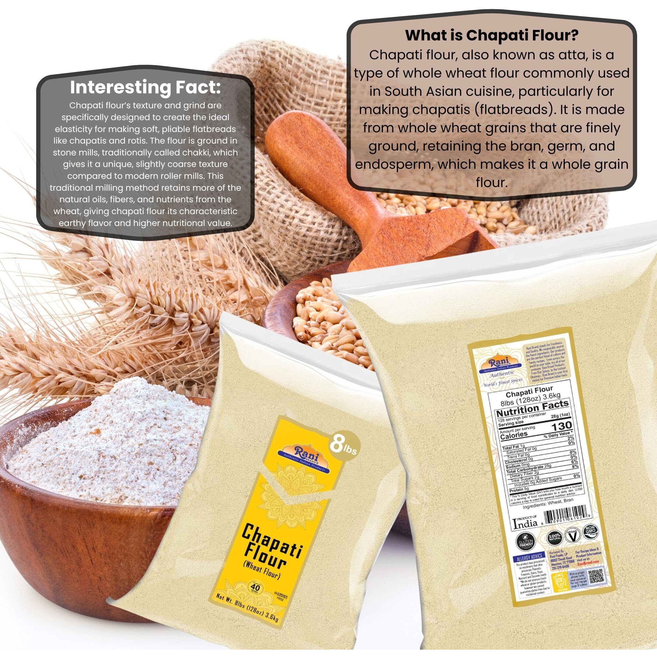 Rani Chapati Flour (100% Pure Whole Wheat Atta), For Making Roti & Indian Breads 128oz (8lbs) 3.63kg Bulk ~ All Natural, Vegan, No Salt or Colors, NON-GMO, Kosher, Indian Origin