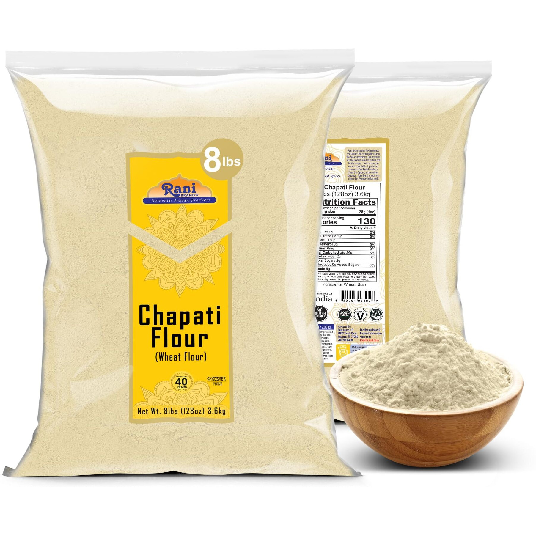 Rani Chapati Flour (100% Pure Whole Wheat Atta), For Making Roti & Indian Breads 128oz (8lbs) 3.63kg Bulk ~ All Natural, Vegan, No Salt or Colors, NON-GMO, Kosher, Indian Origin