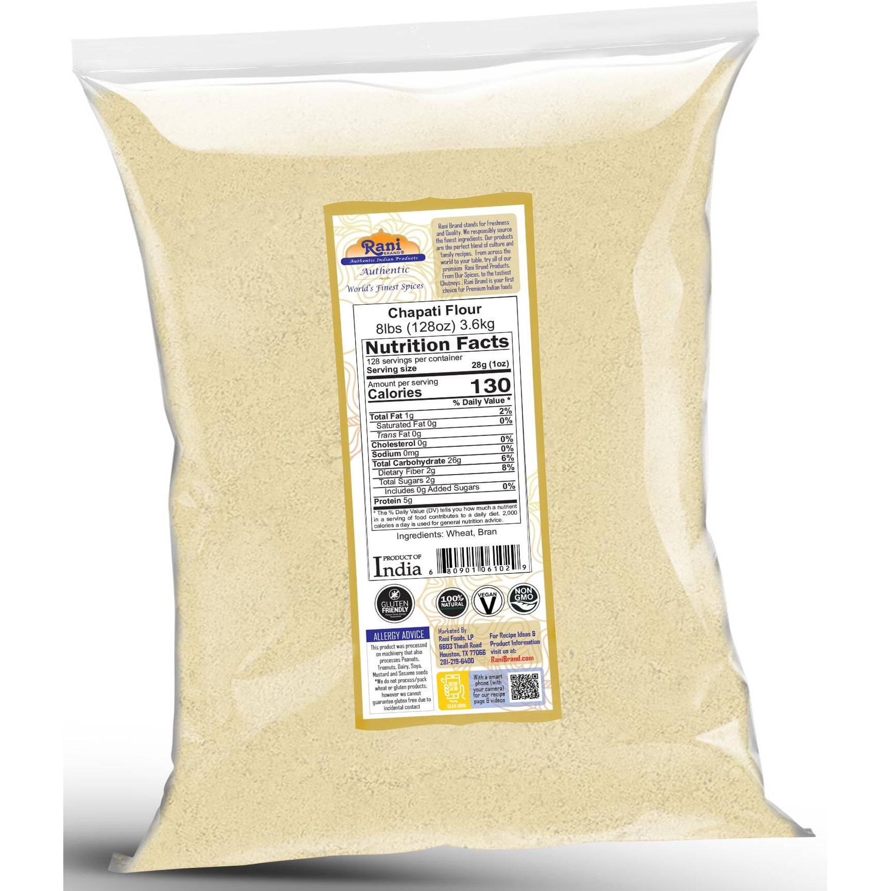 Rani Chapati Flour (100% Pure Whole Wheat Atta), For Making Roti & Indian Breads 128oz (8lbs) 3.63kg Bulk ~ All Natural, Vegan, No Salt or Colors, NON-GMO, Kosher, Indian Origin